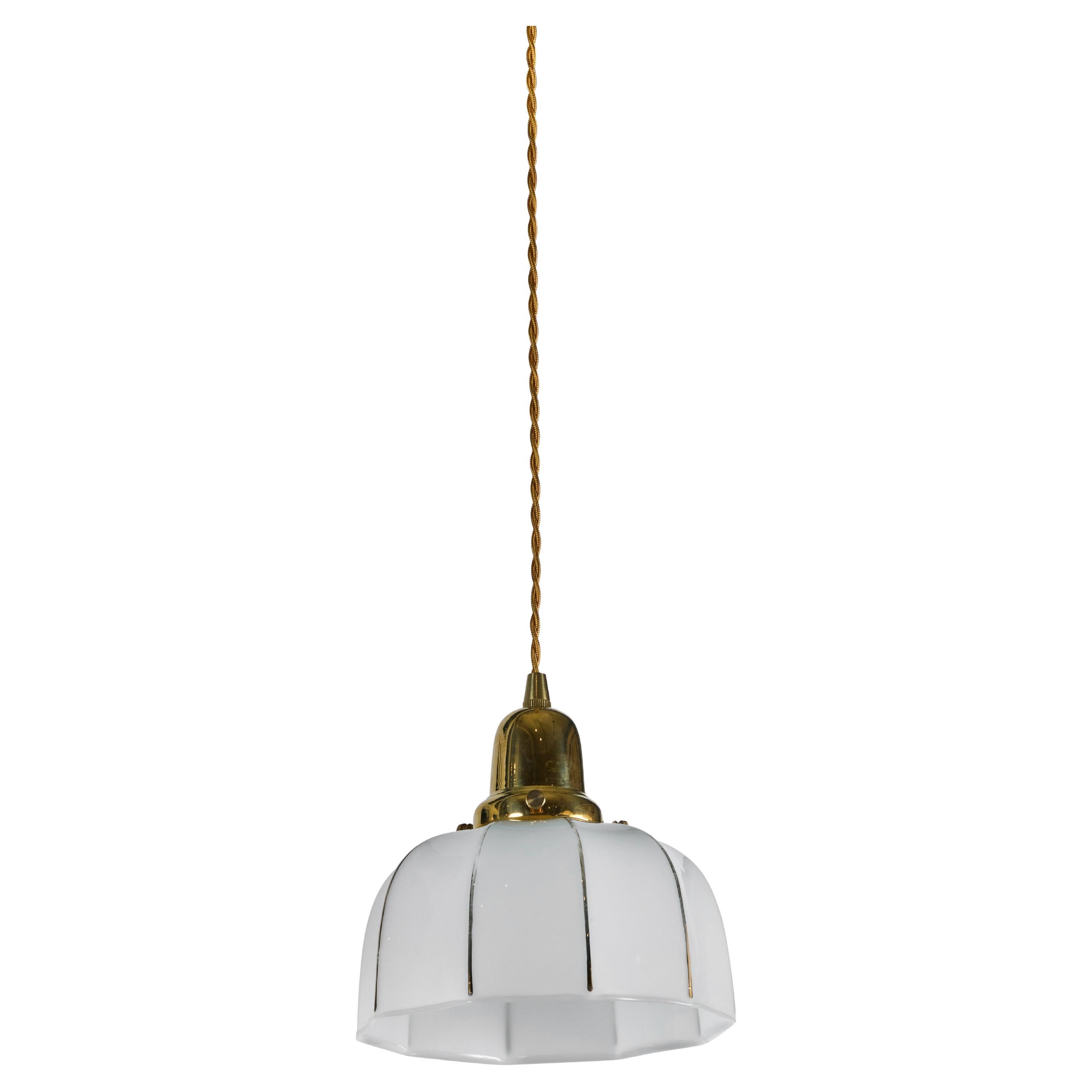 Vintage Milk Glass Pendant w/ Fluted Shade + Gold Detail