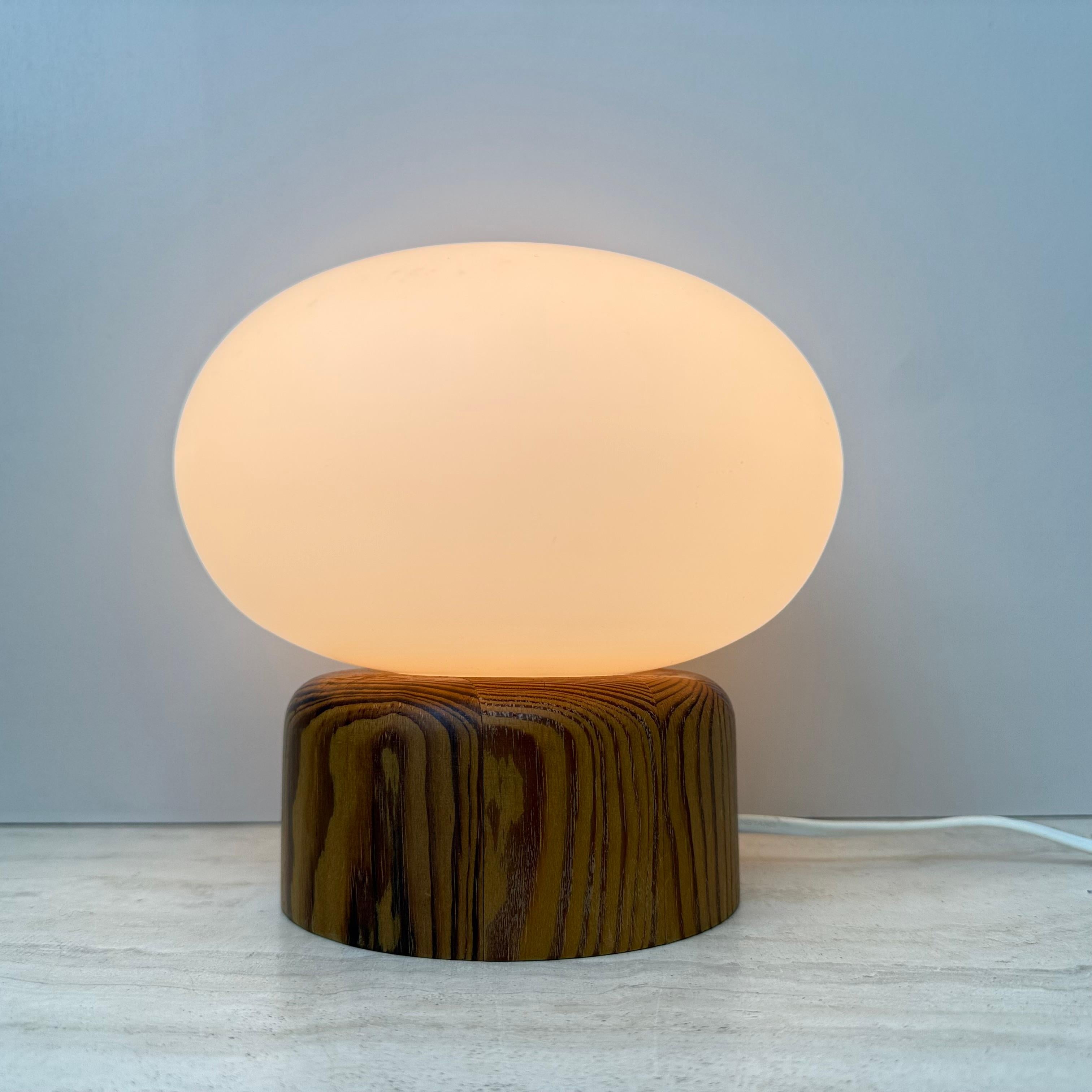 Vintage milk glass table lamp with wooden base by Bestform Freudenberg , 1970s For Sale 5