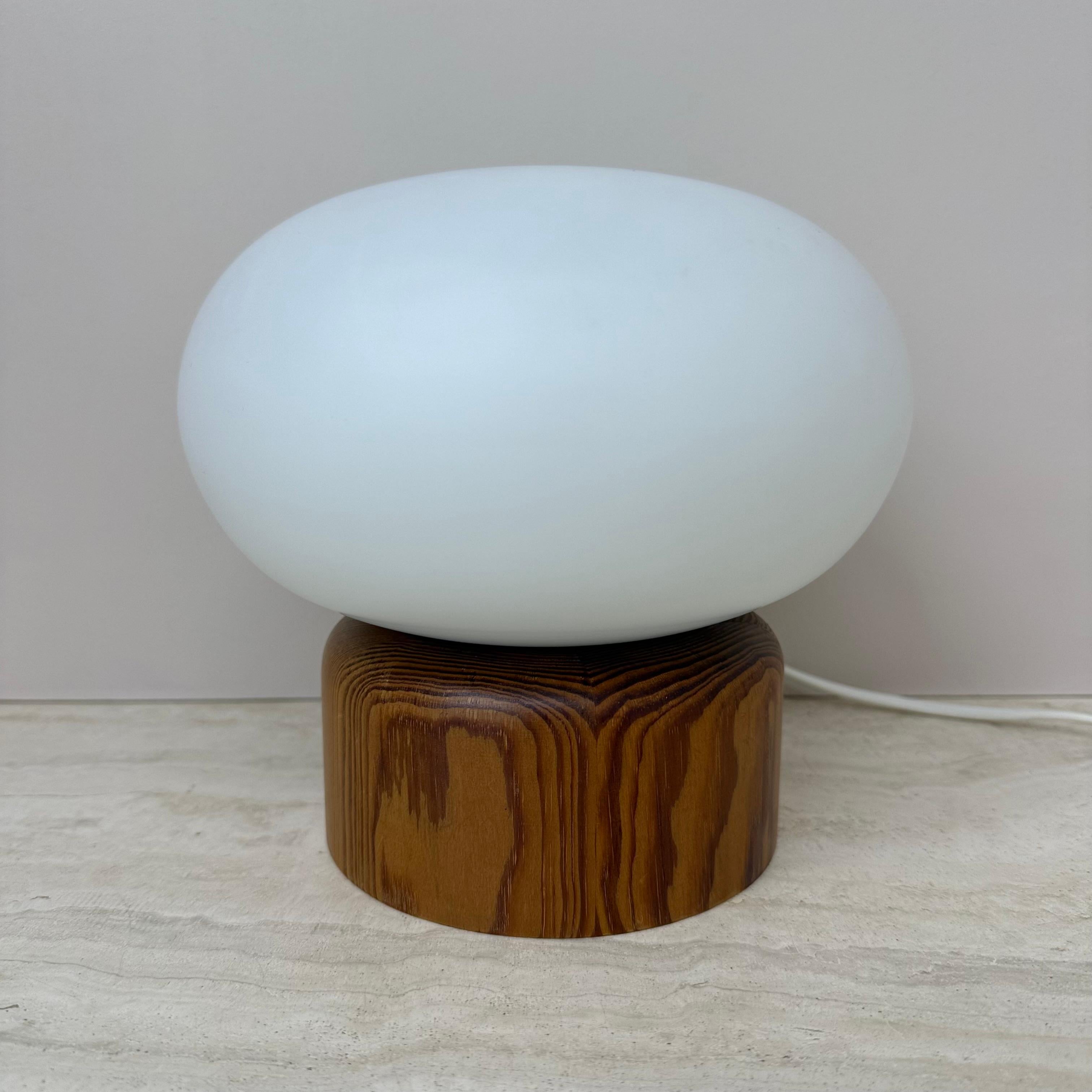 German Vintage milk glass table lamp with wooden base by Bestform Freudenberg , 1970s For Sale