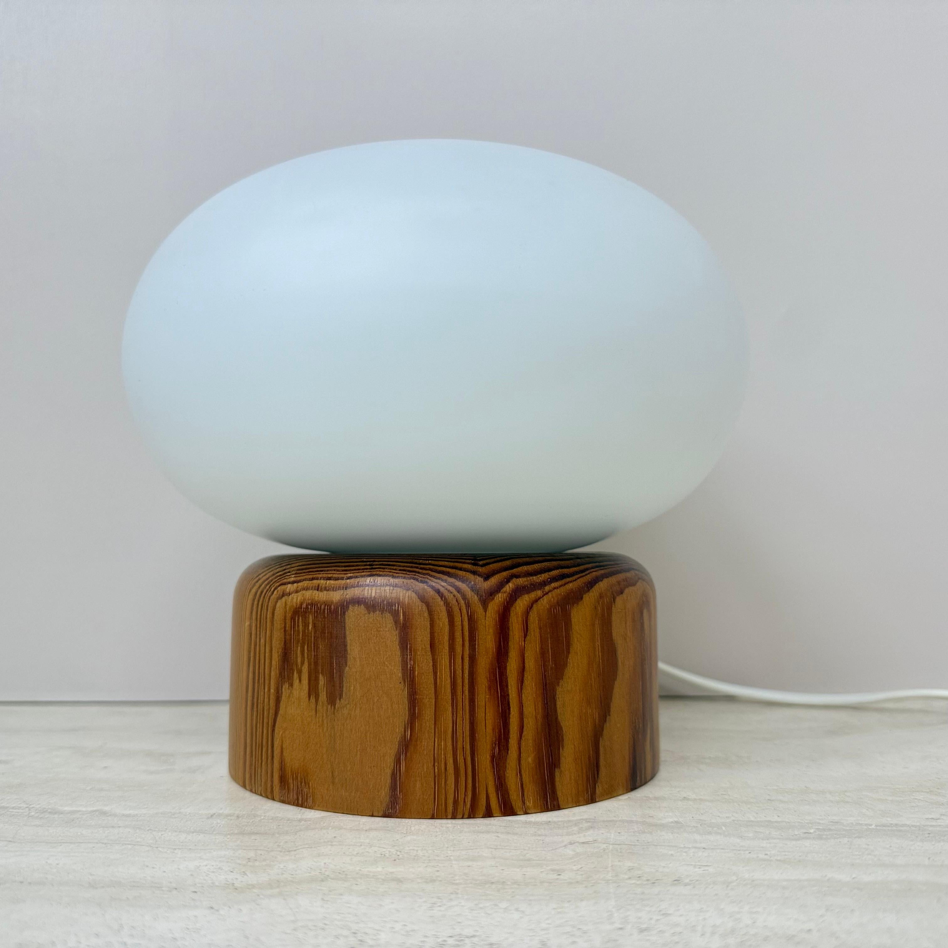 Late 20th Century Vintage milk glass table lamp with wooden base by Bestform Freudenberg , 1970s For Sale