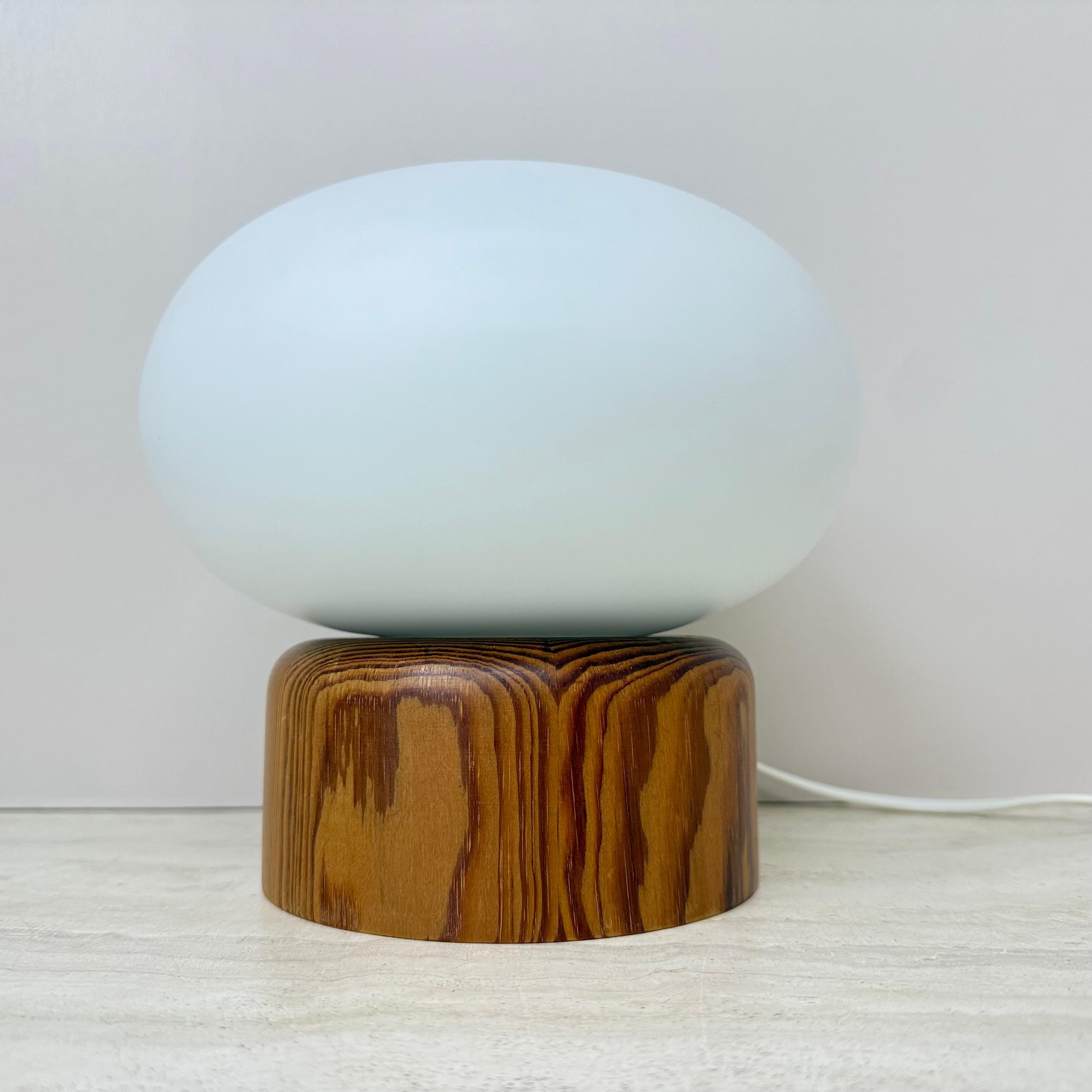 Glass Vintage milk glass table lamp with wooden base by Bestform Freudenberg , 1970s For Sale