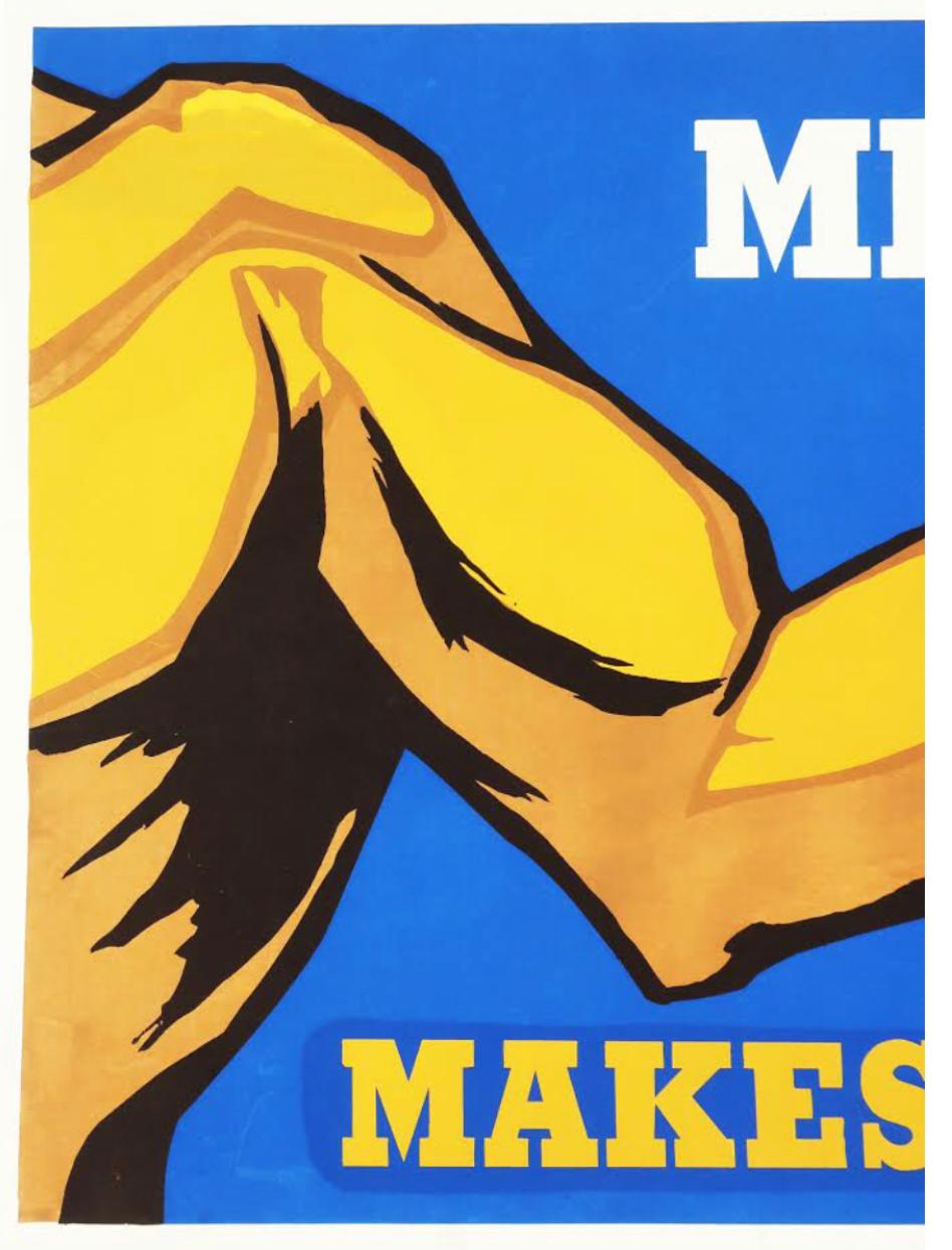 An undated serigraph by N. Sealy (signed in plate) depicting the strong chest, shoulder and arm of a man holding a bottle of milk with the text, “Milk Makes Muscles”. Text is white and flesh colored against a blue background. 

In excellent