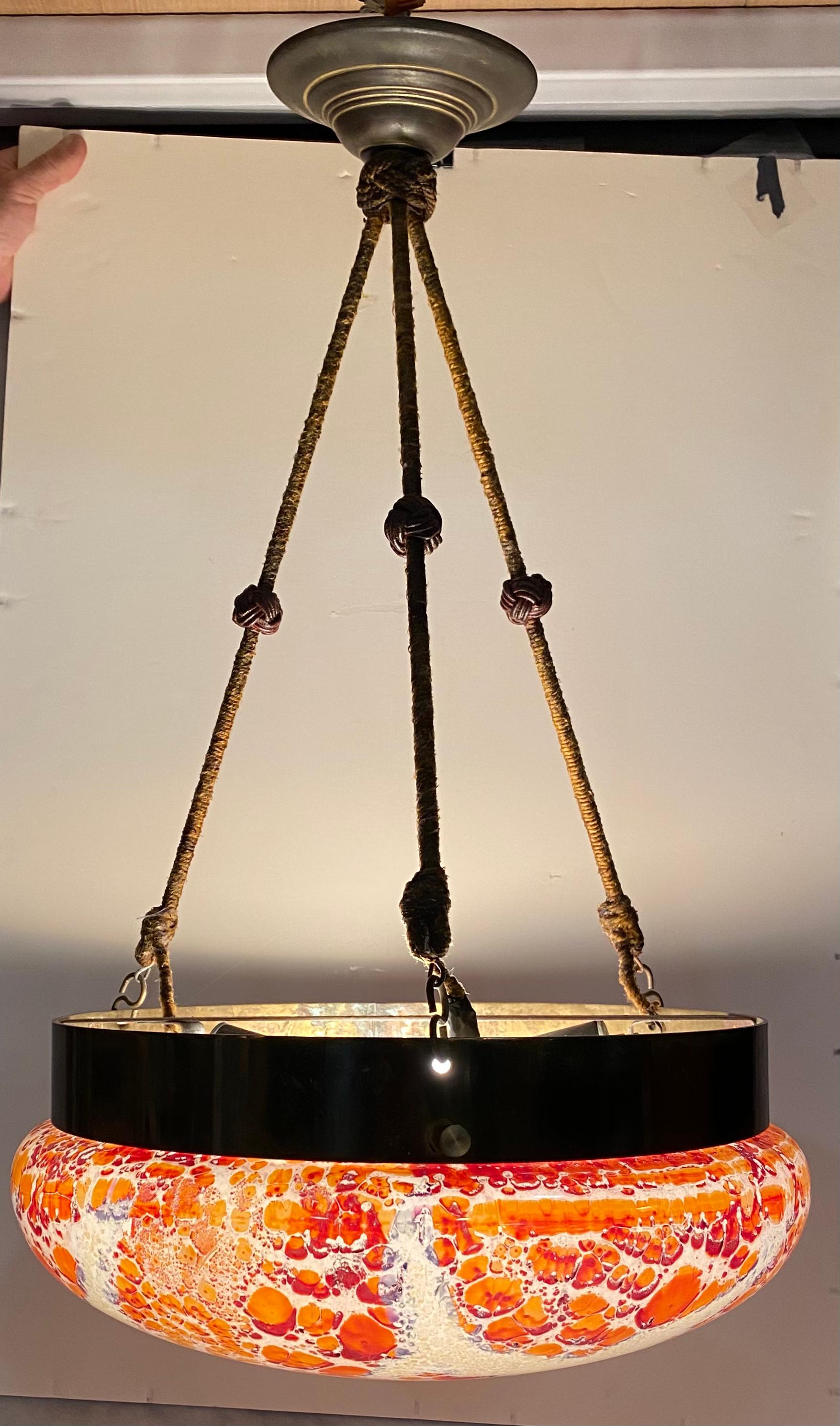 Mid-Century Modern Lampe à suspension vintage Millefiori en verre et laiton avec cordon suspendu en soie en vente