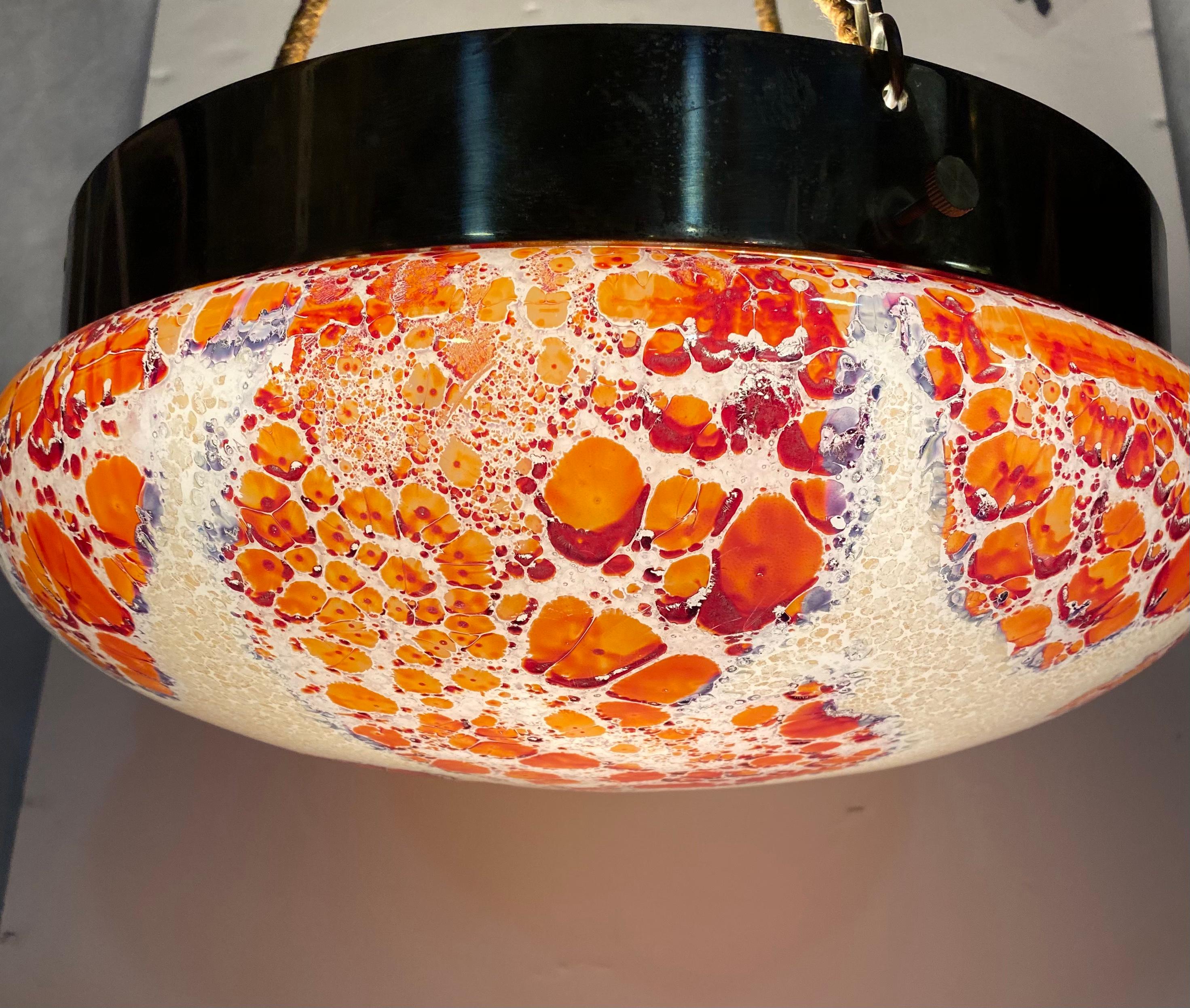 Mid-Century Modern Vintage Millefiori Glass and Brass Pendant Light Fixture with Silk Hanging Cord For Sale