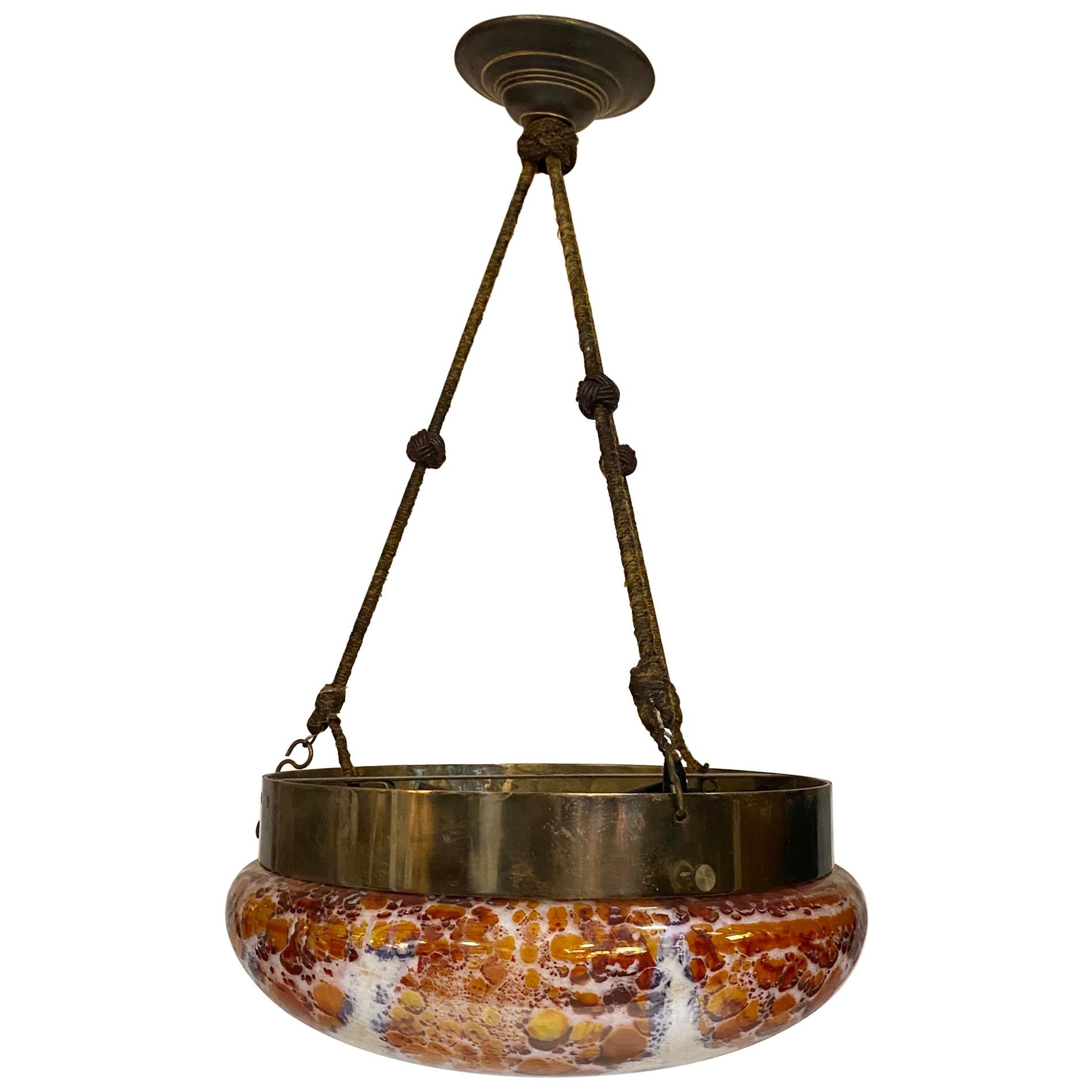 Vintage Millefiori Glass and Brass Pendant Light Fixture with Silk Hanging Cord