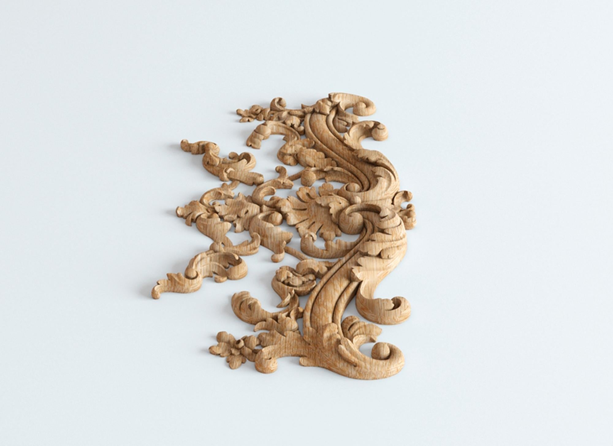 High quality decorative carved wood onlay. Material: oak or beech of your choice. Unpainted.

>> SKU: N-406

>> Dimensions (A x B x C):

1) 11.02