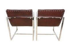 Vintage MIlo Baughman Chrome Cube Scoop Leather Side Chairs WIth Studs, 1970's