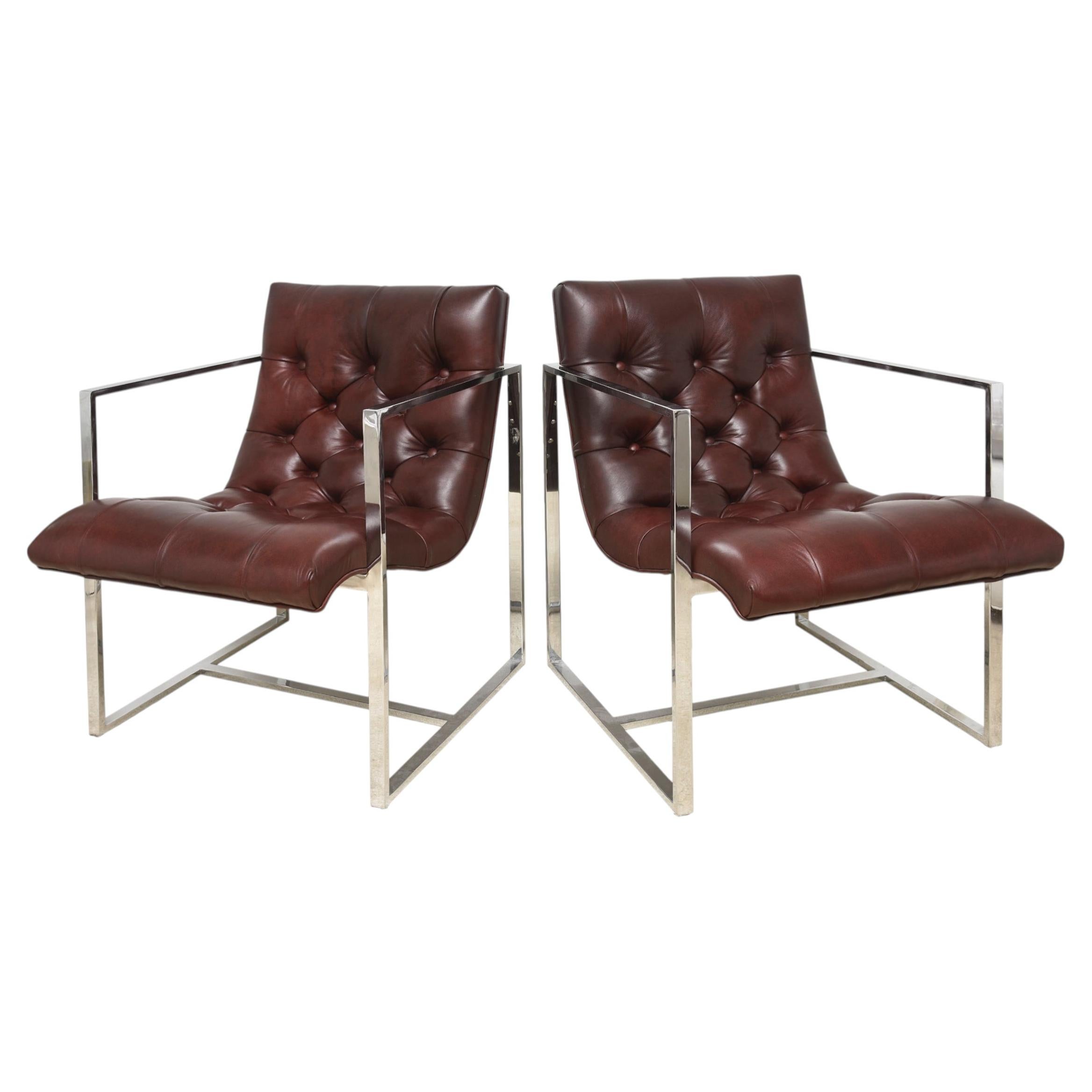 Ledersessel im „Milo Baughman“-Stil mit Chromrahmen, „Cube Scoop“-Design und Nieten, 1970er Jahre im Angebot