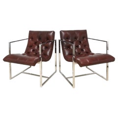 Vintage MIlo Baughman Chrome Cube Scoop Leather Side Chairs WIth Studs, 1970's