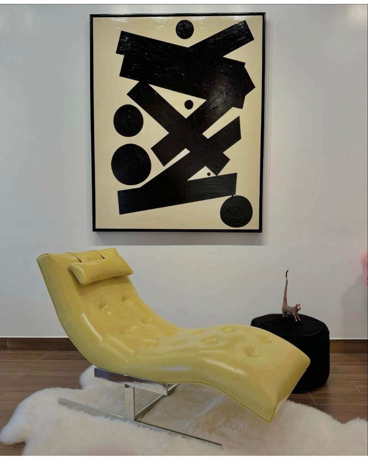 Chaise longue vintage Milo Baughman Wave cromada en piel italiana verde kiwi en venta 3