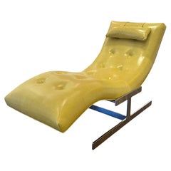 Vintage Milo Baughman Chrome Wave Chaise Lounge in kiwi green Italian Leather