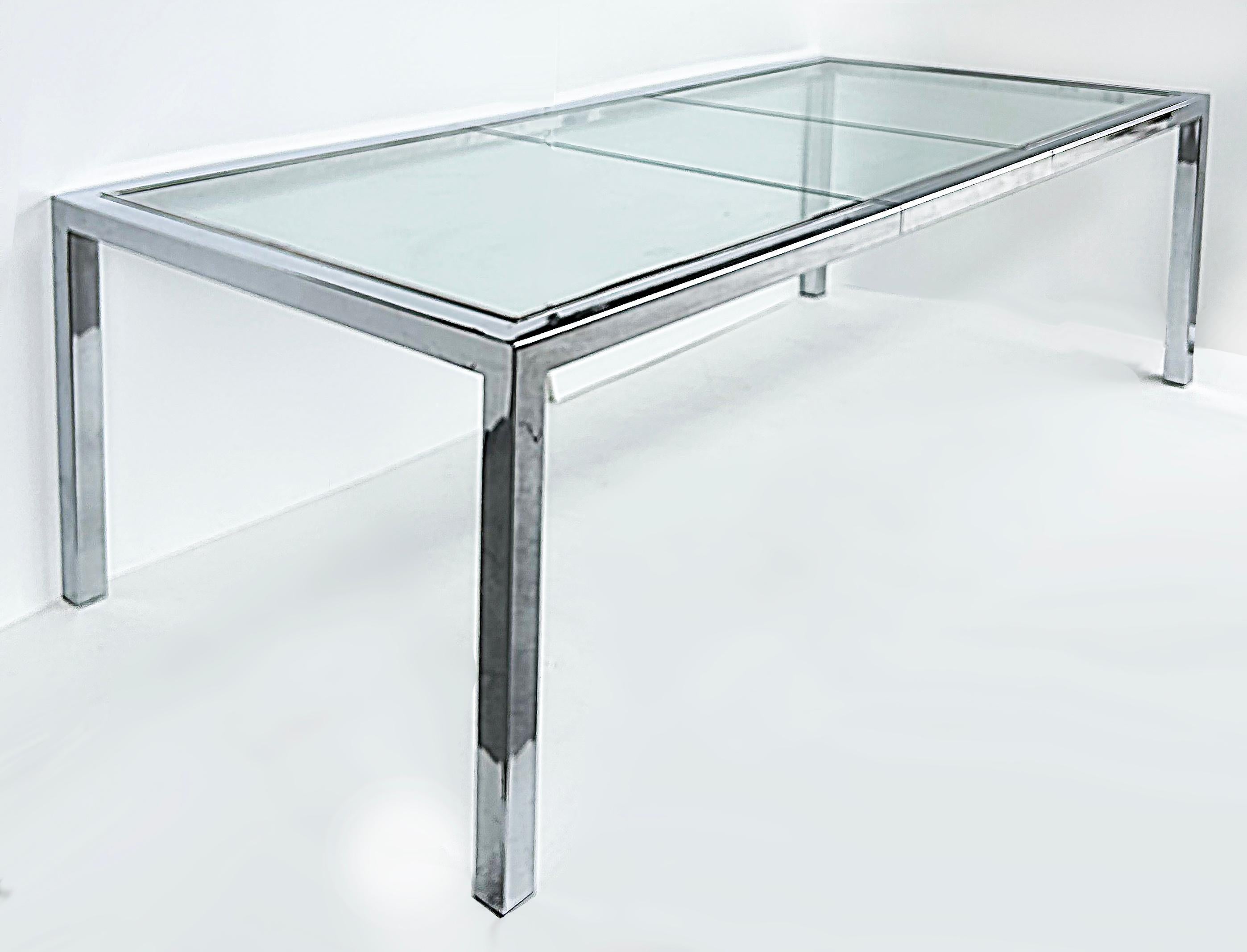 Mid-Century Modern Vintage Milo Baughman DIA Chrome, Table de salle à manger en verre, extensible avec feuille en vente