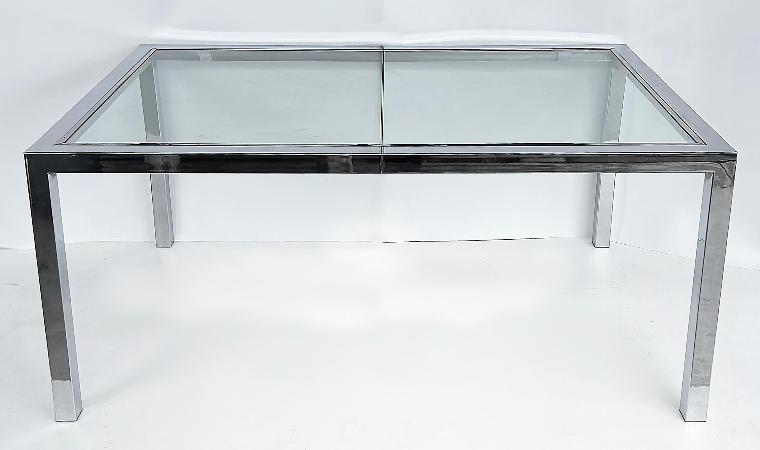Américain Vintage Milo Baughman DIA Chrome, Table de salle à manger en verre, extensible avec feuille en vente