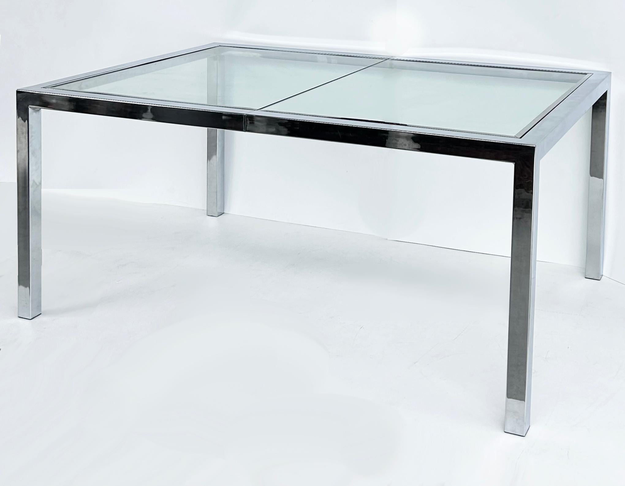Vintage Milo Baughman DIA Chrome, Table de salle à manger en verre, extensible avec feuille Bon état - En vente à Miami, FL