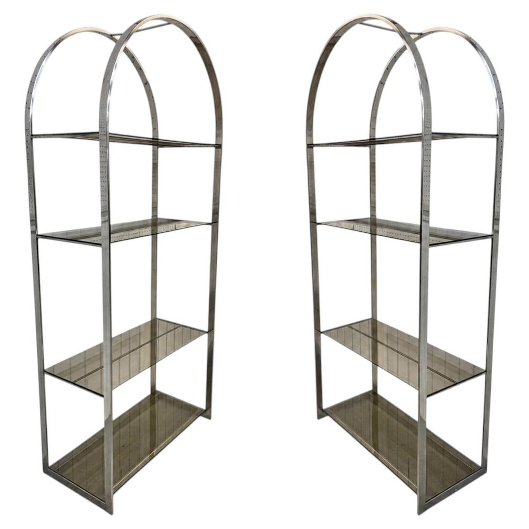Vintage Milo Baughman Flat Bar Chrome Etagere's - Set of 2 For Sale