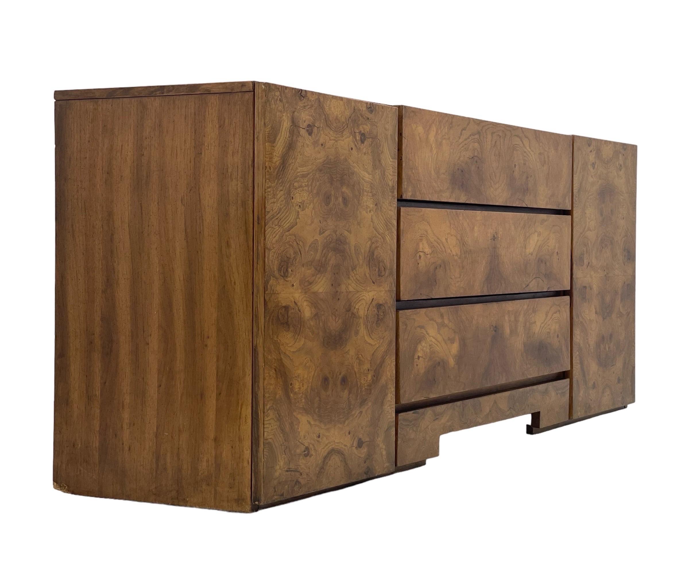Vintage Milo Baughman for Lane MCM Burl wood Lowboy 9 Drawer Dresser In Good Condition In Seattle, WA