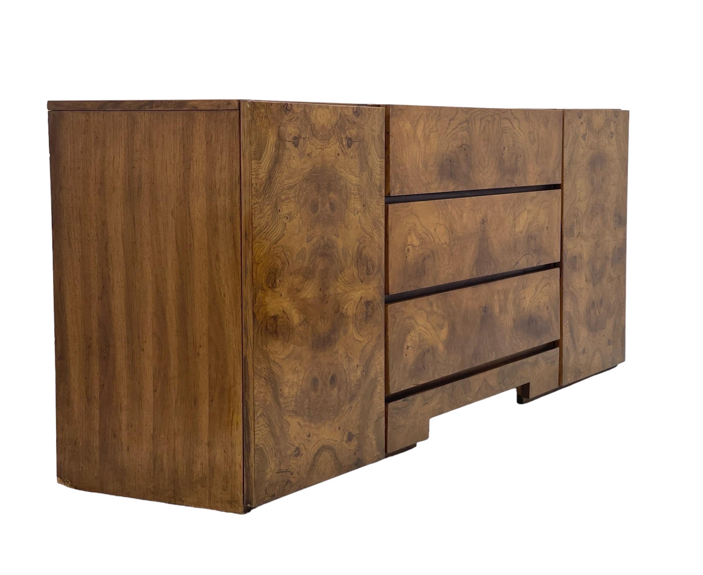 Late 20th Century Vintage Milo Baughman for Lane MCM Burl wood Lowboy 9 Drawer Dresser