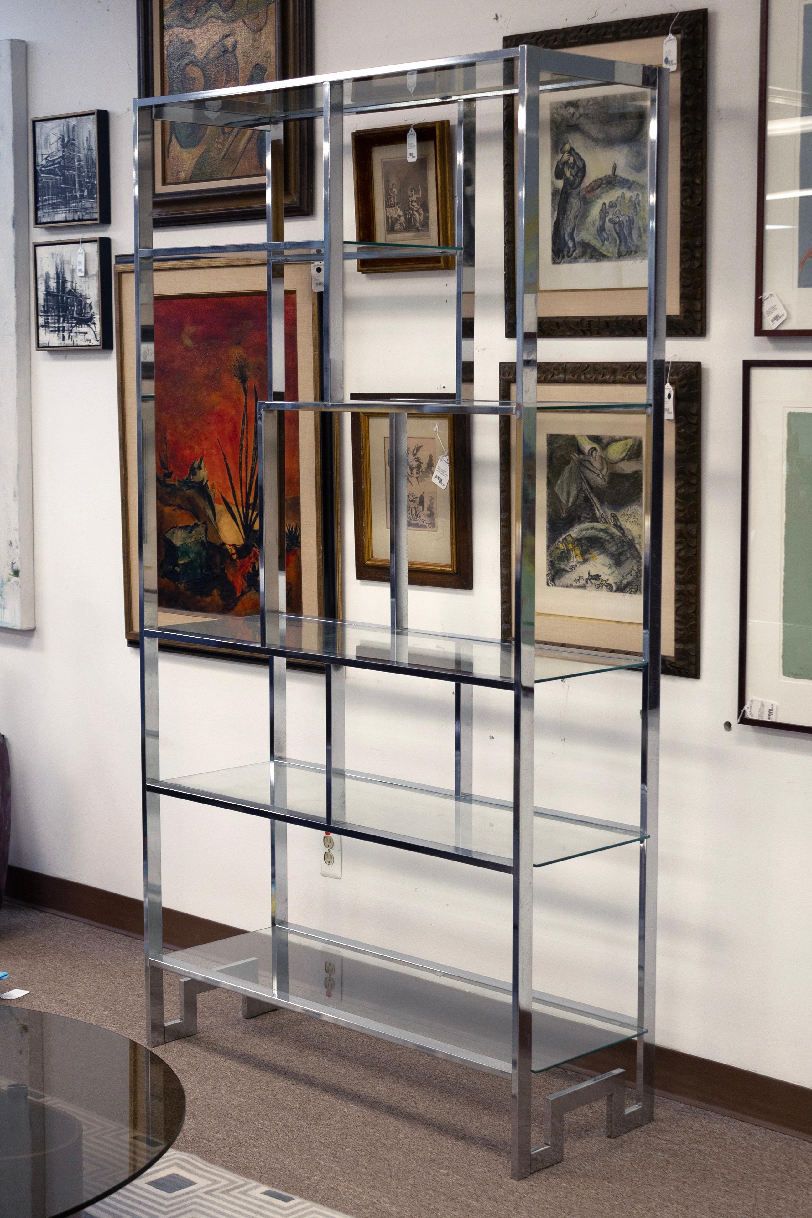 Vintage Milo Baughman Large Chrome and Glass Etagere Shelving Unit For Sale 1