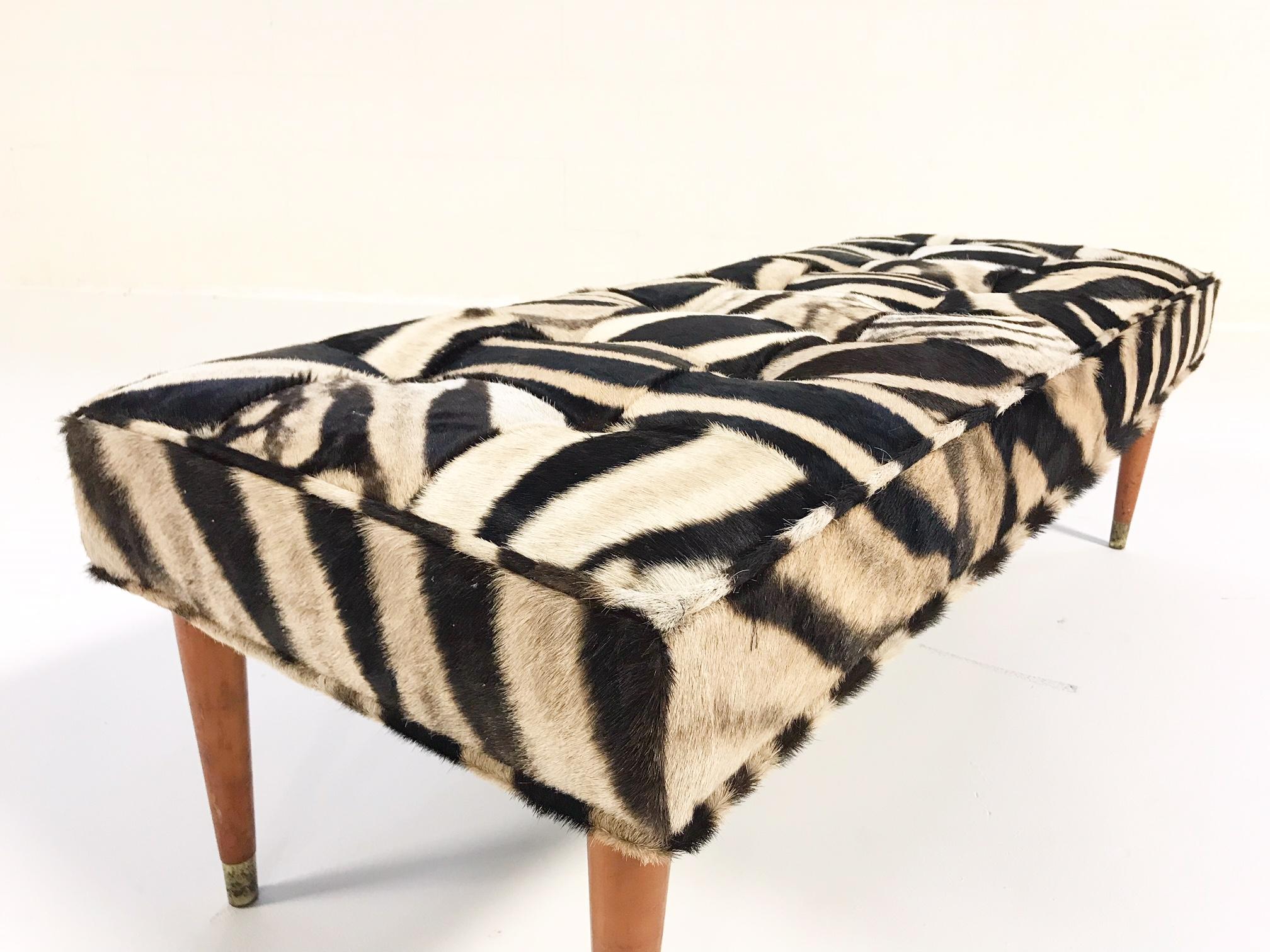 Mid-Century Modern Vintage Milo Baughman Style Bench Restored in Patchwork Zebra Hide