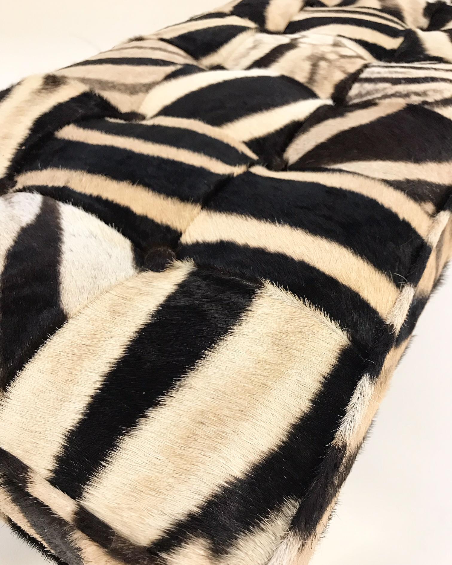 North American Vintage Milo Baughman Style Bench Restored in Patchwork Zebra Hide