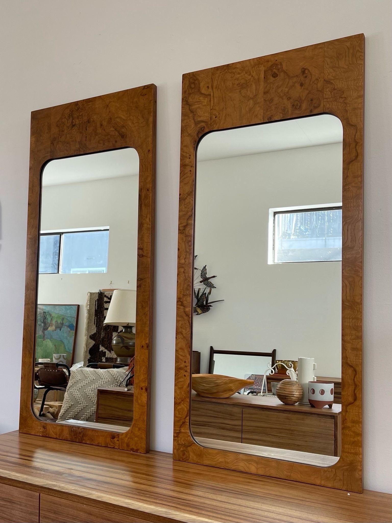 Mid-Century Modern Vintage Milo Baughman Style Burl-Wood Framed Wall Mirror by Lane.