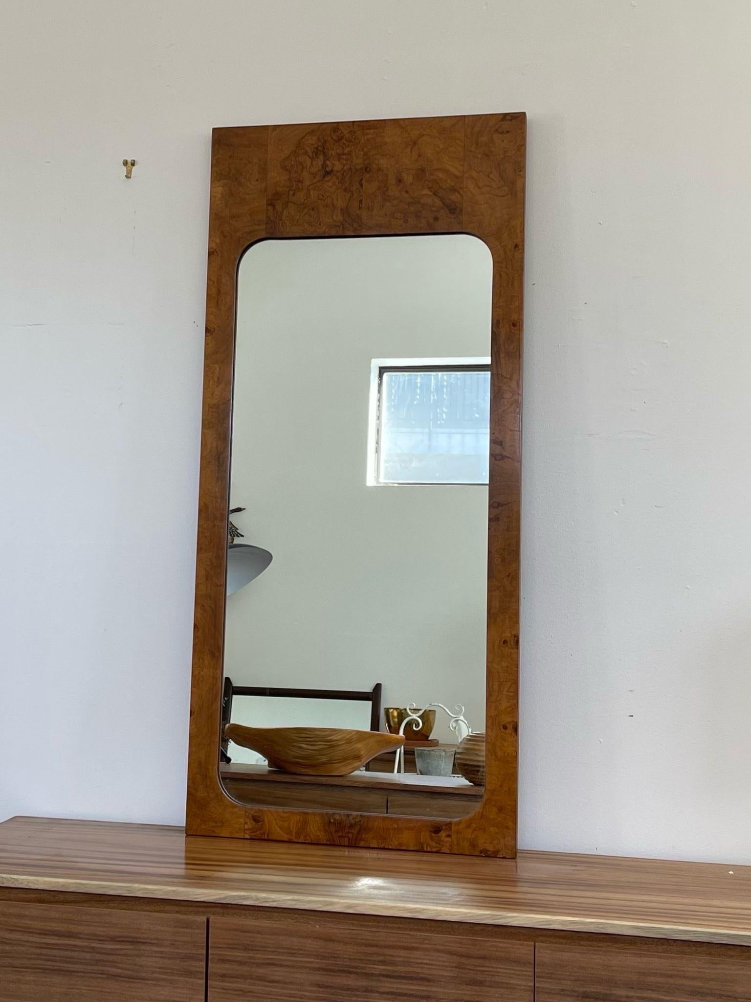 Mid-Century Modern Vintage Milo Baughman Style Burl Wood Framed Wall Mirror by Lane. For Sale