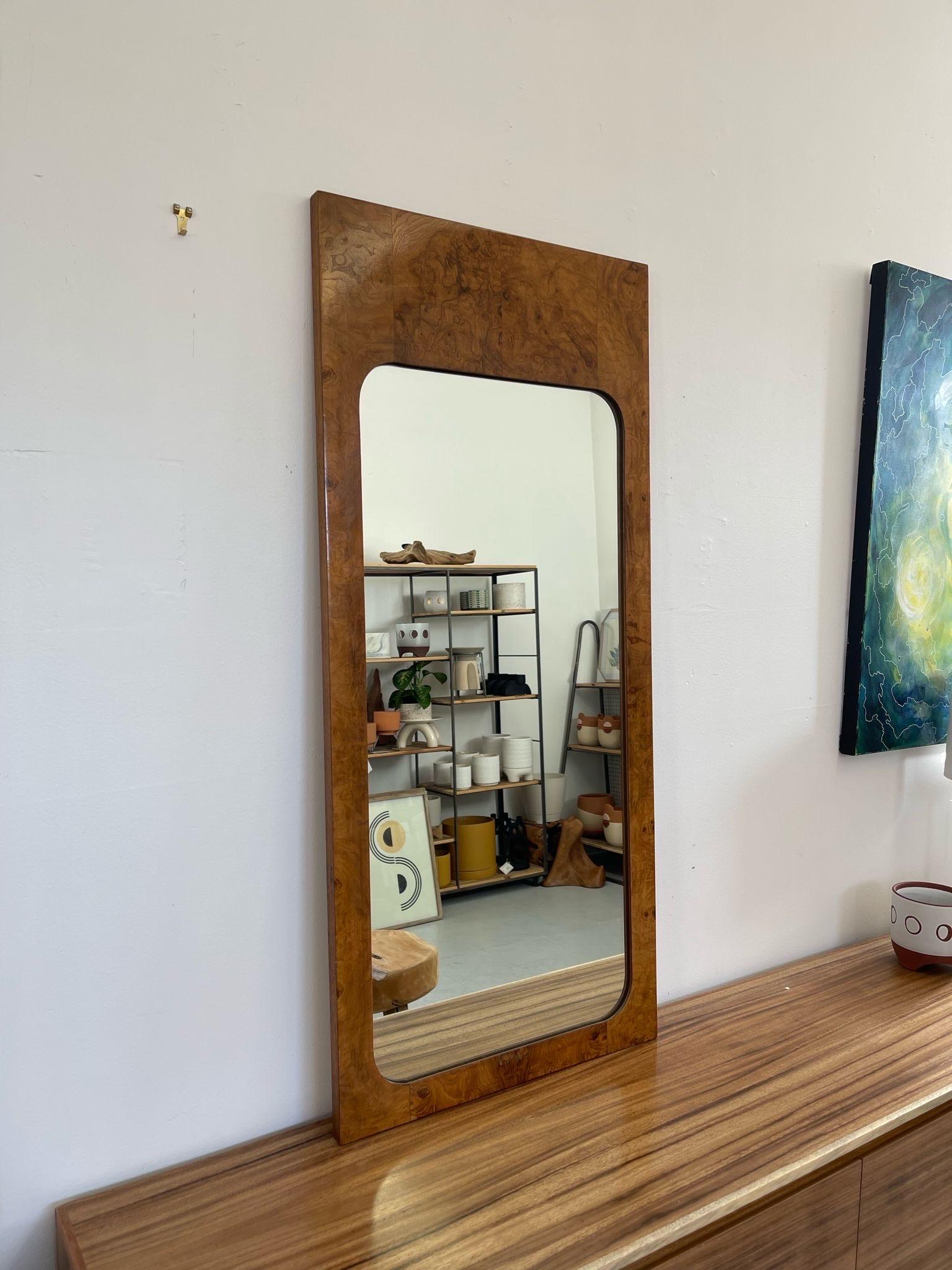 Vintage Milo Baughman Style Burl-Wood Framed Wall Mirror by Lane. In Good Condition In Seattle, WA