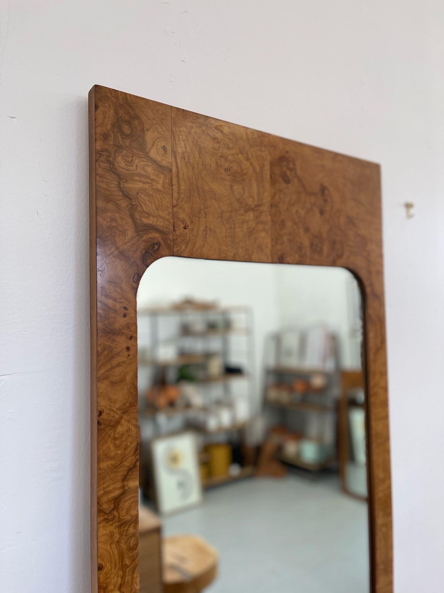 Late 20th Century Vintage Milo Baughman Style Burl-Wood Framed Wall Mirror by Lane.