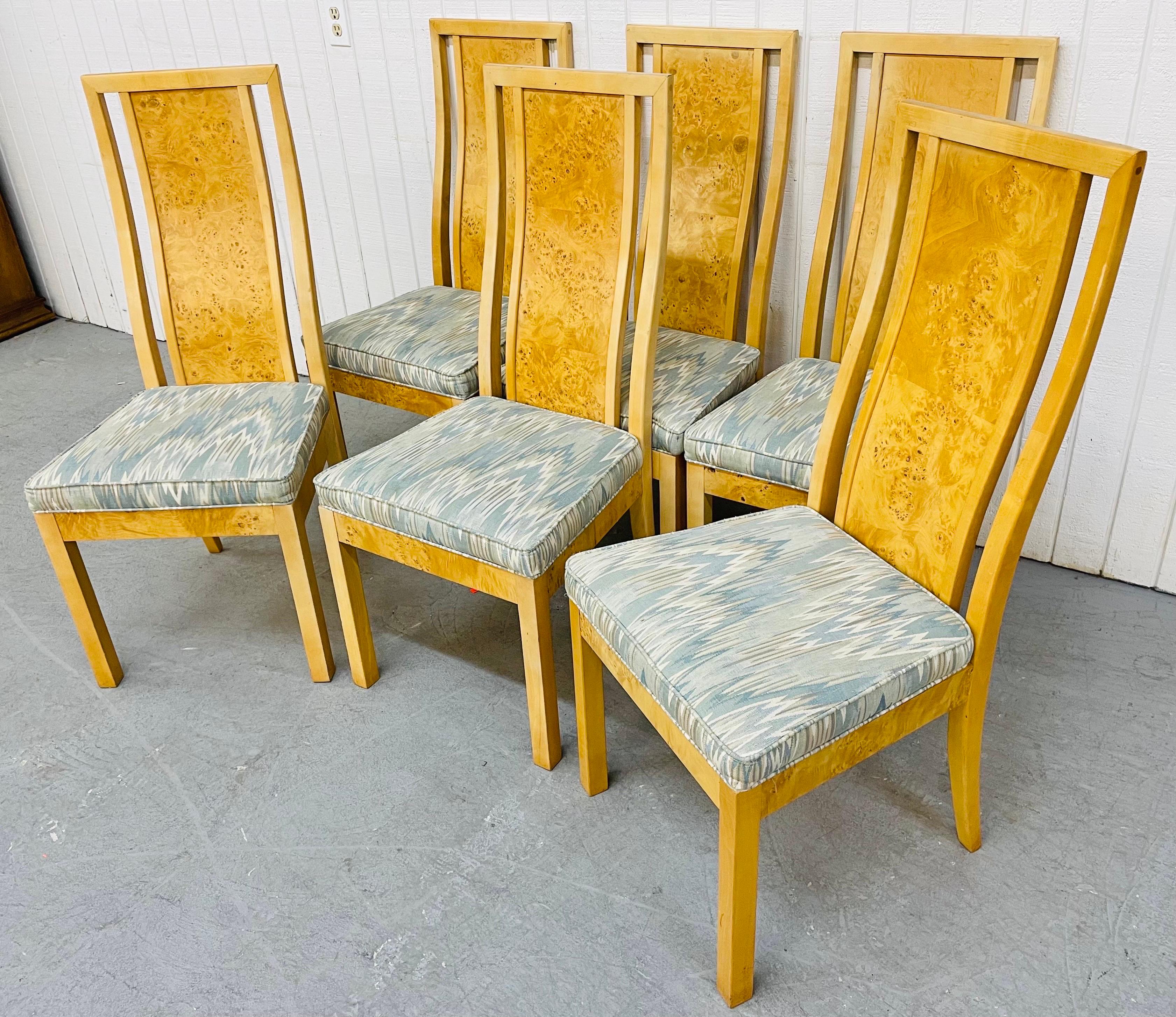 This listing is for a set of six vintage Milo Baughman Style Burled Wood dining chairs. Featuring six straight chairs, original upholstery, and a beautiful burled wood back rest.