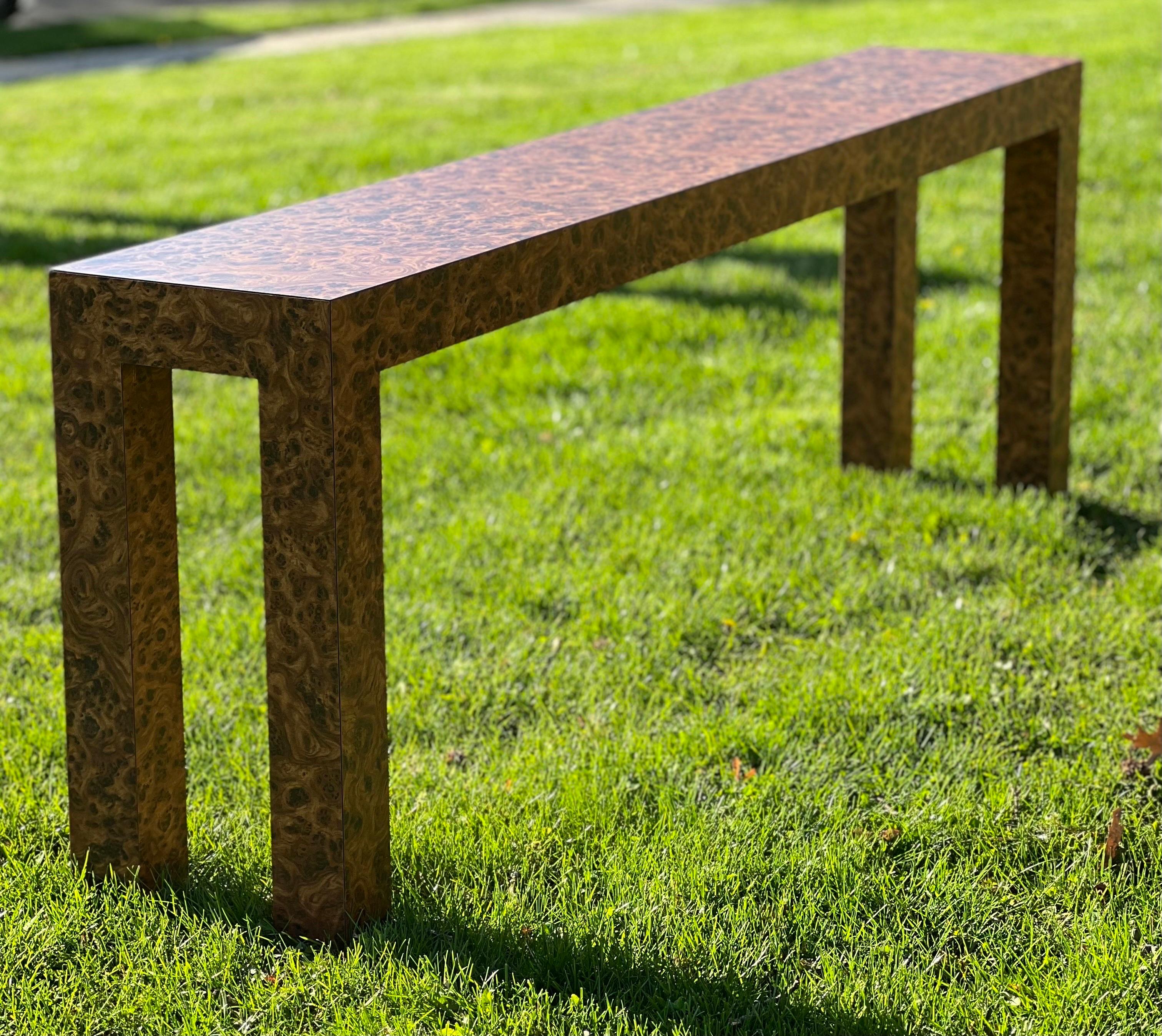 Mid-Century Modern Vintage Milo Baughman Style Faux Burl Wood Laminated Parsons Console Table
