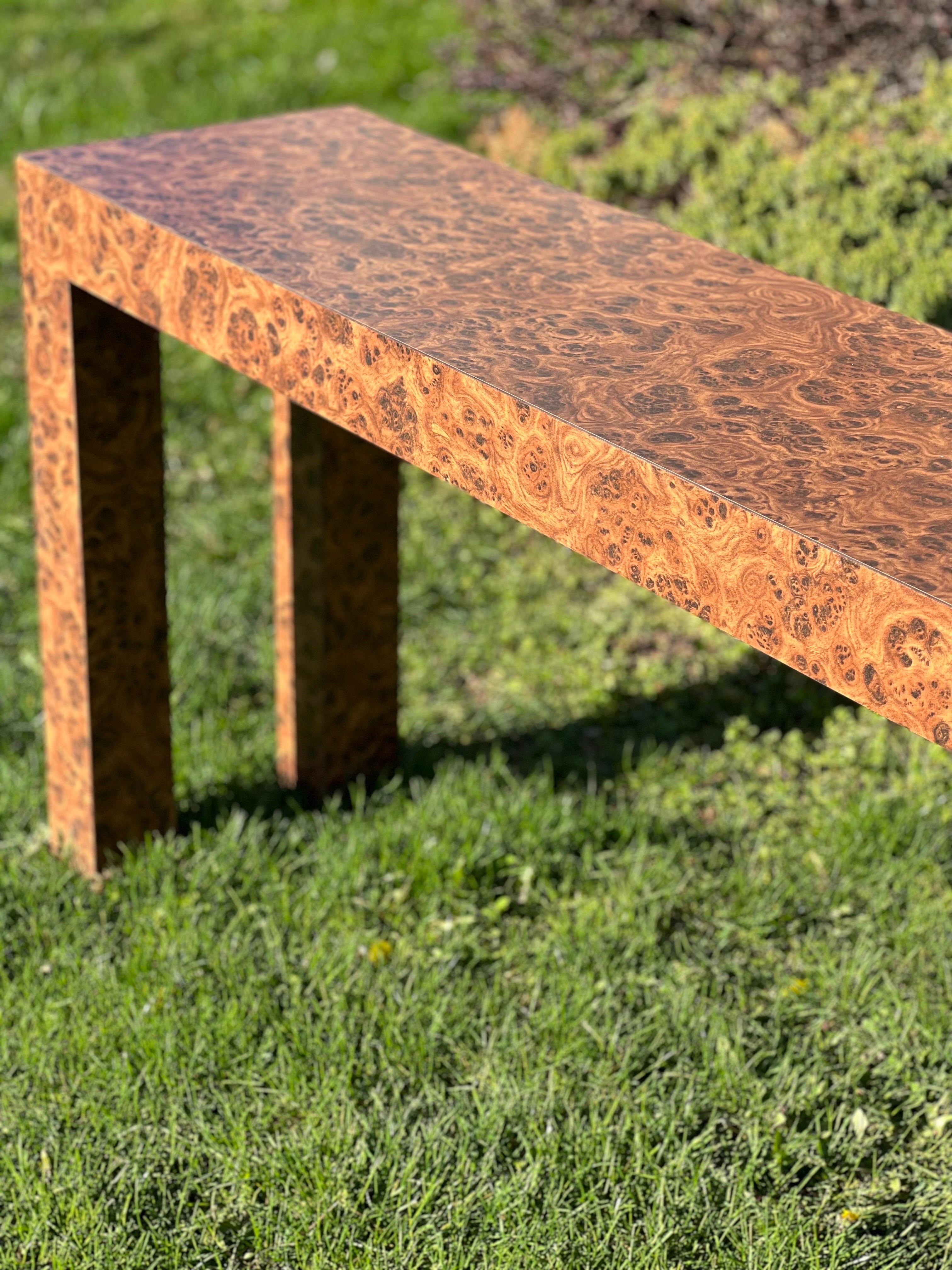 20th Century Vintage Milo Baughman Style Faux Burl Wood Laminated Parsons Console Table