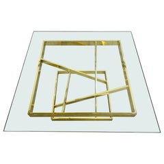 Vintage Milo Baughman Style Flat Bar Brass & Glass Coffee Table