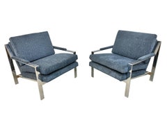 Vintage Milo Baughman Style Flat Bar Chrome Arm Chairs - Set of 2