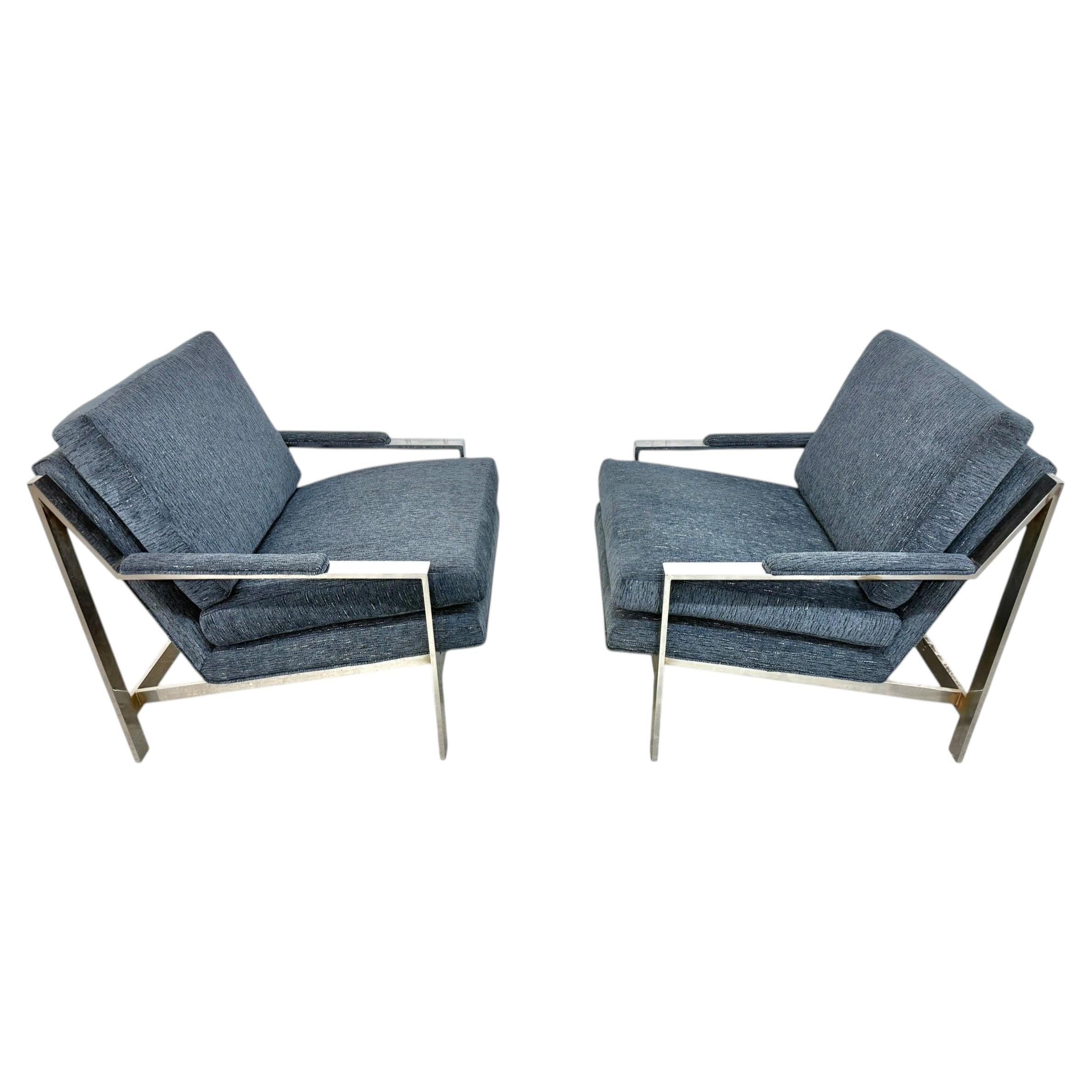 Vintage Milo Baughman Style Flat Bar Chrome Arm Chairs - Set of 2