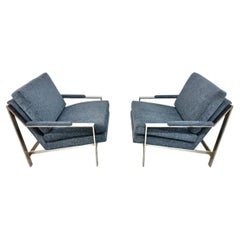Vintage Milo Baughman Style Flat Bar Chrome Arm Chairs - Set of 2