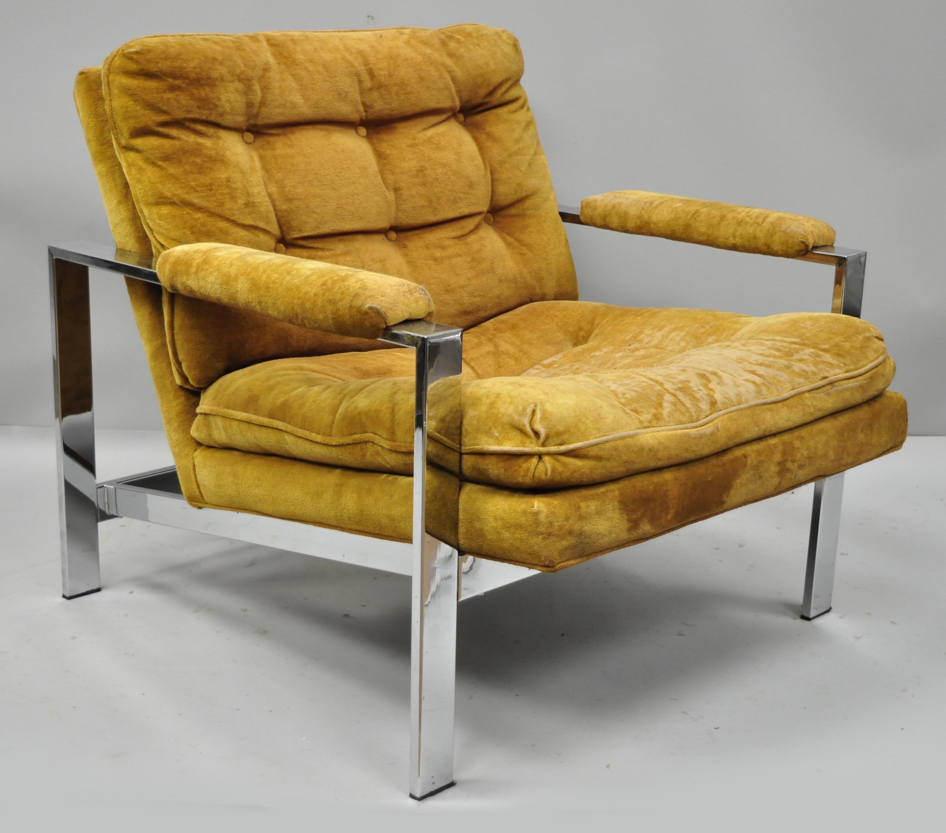 Vintage Milo Baughman Style Flat Bar Chrome Club Lounge Chair Armchair 5