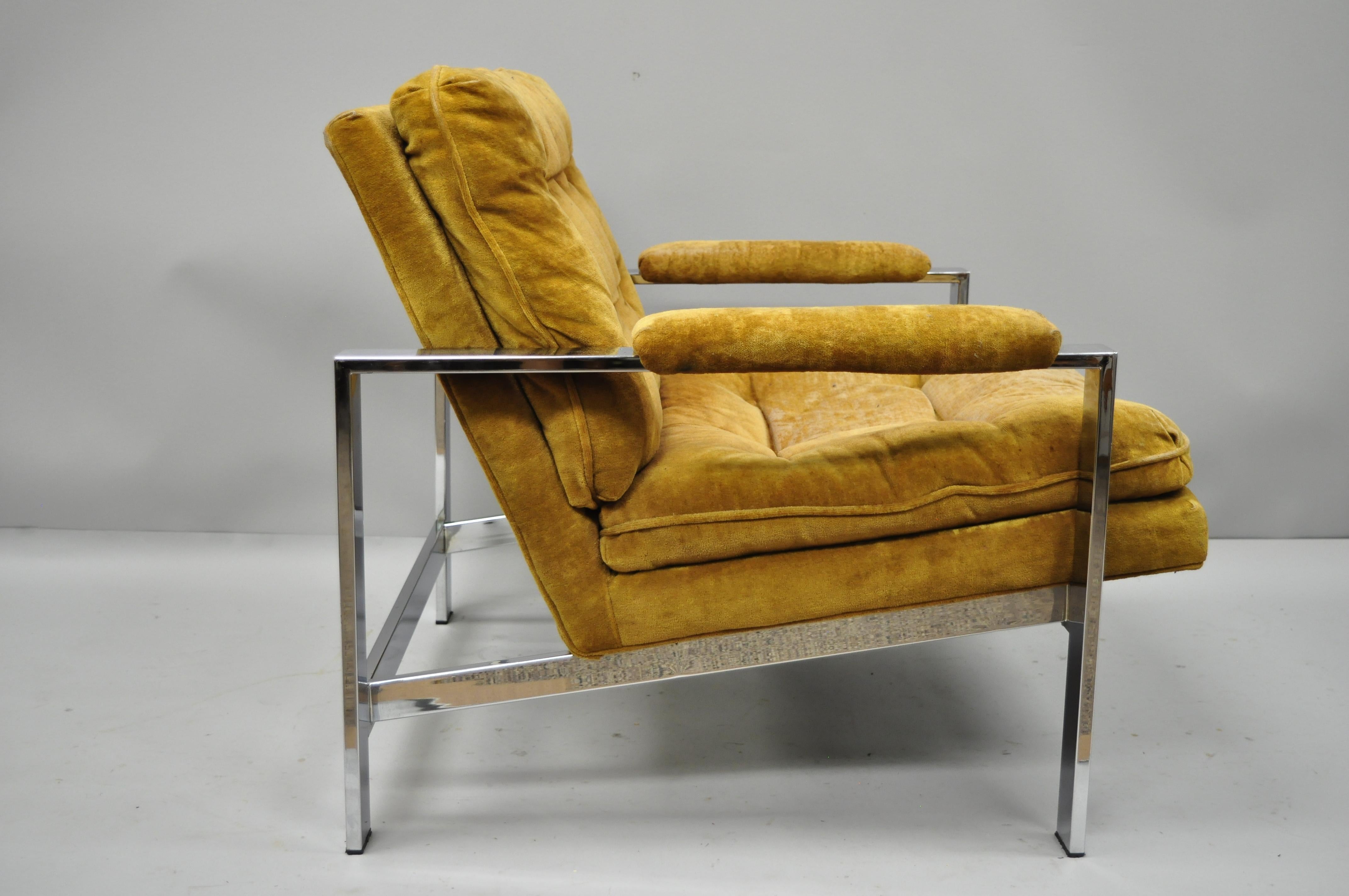 American Vintage Milo Baughman Style Flat Bar Chrome Club Lounge Chair Armchair
