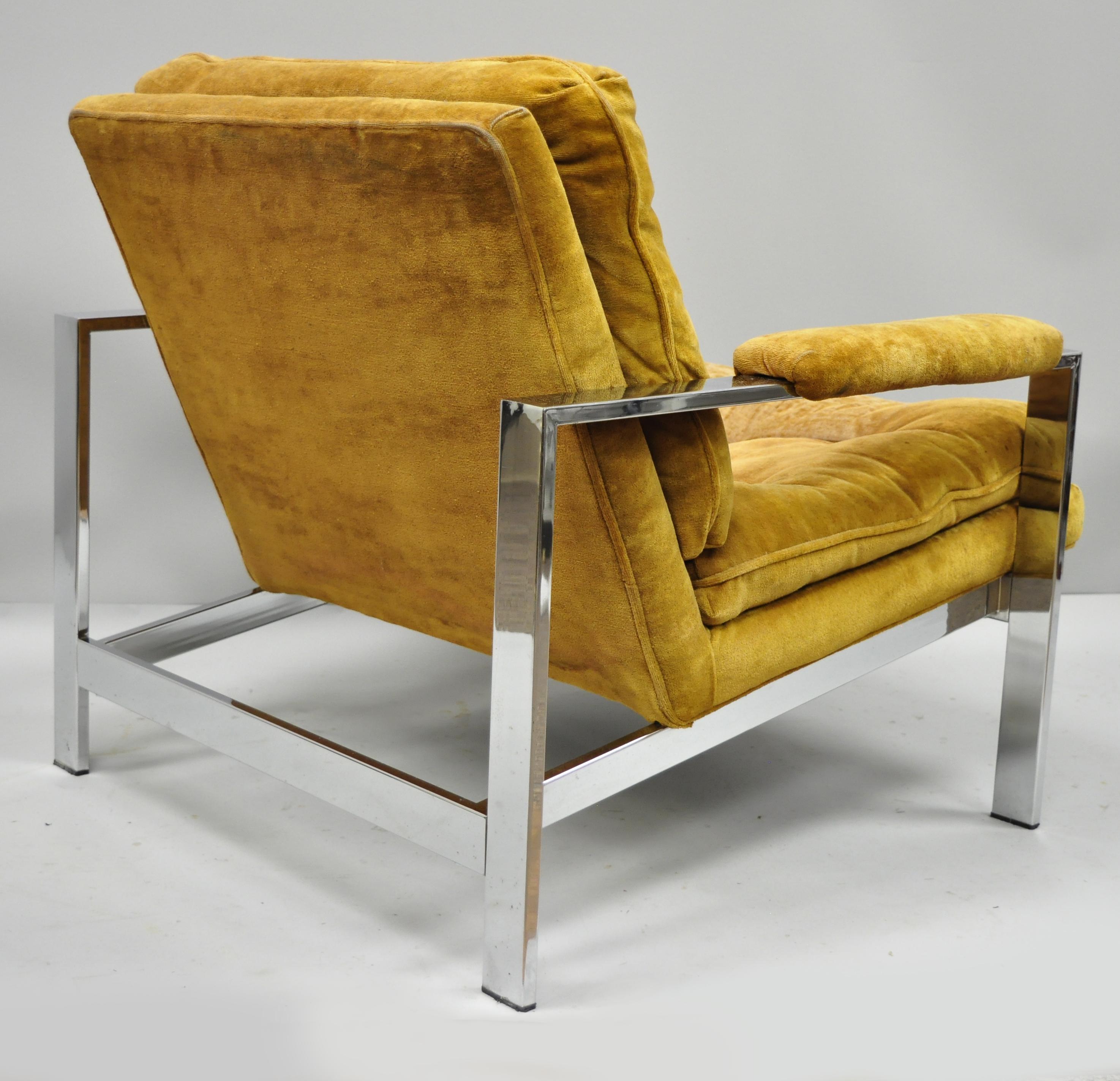 Mid-20th Century Vintage Milo Baughman Style Flat Bar Chrome Club Lounge Chair Armchair