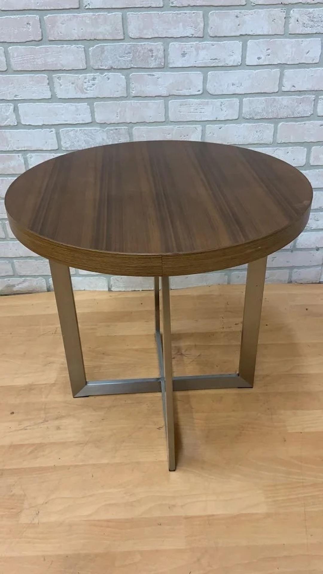 American Vintage Milo Baughman Style Round Teak and Chrome Side/End Table For Sale
