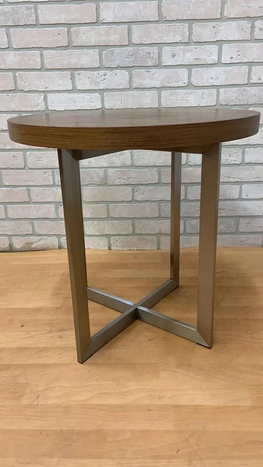 Vintage Milo Baughman Style Round Teak and Chrome Side/End Table For Sale 1