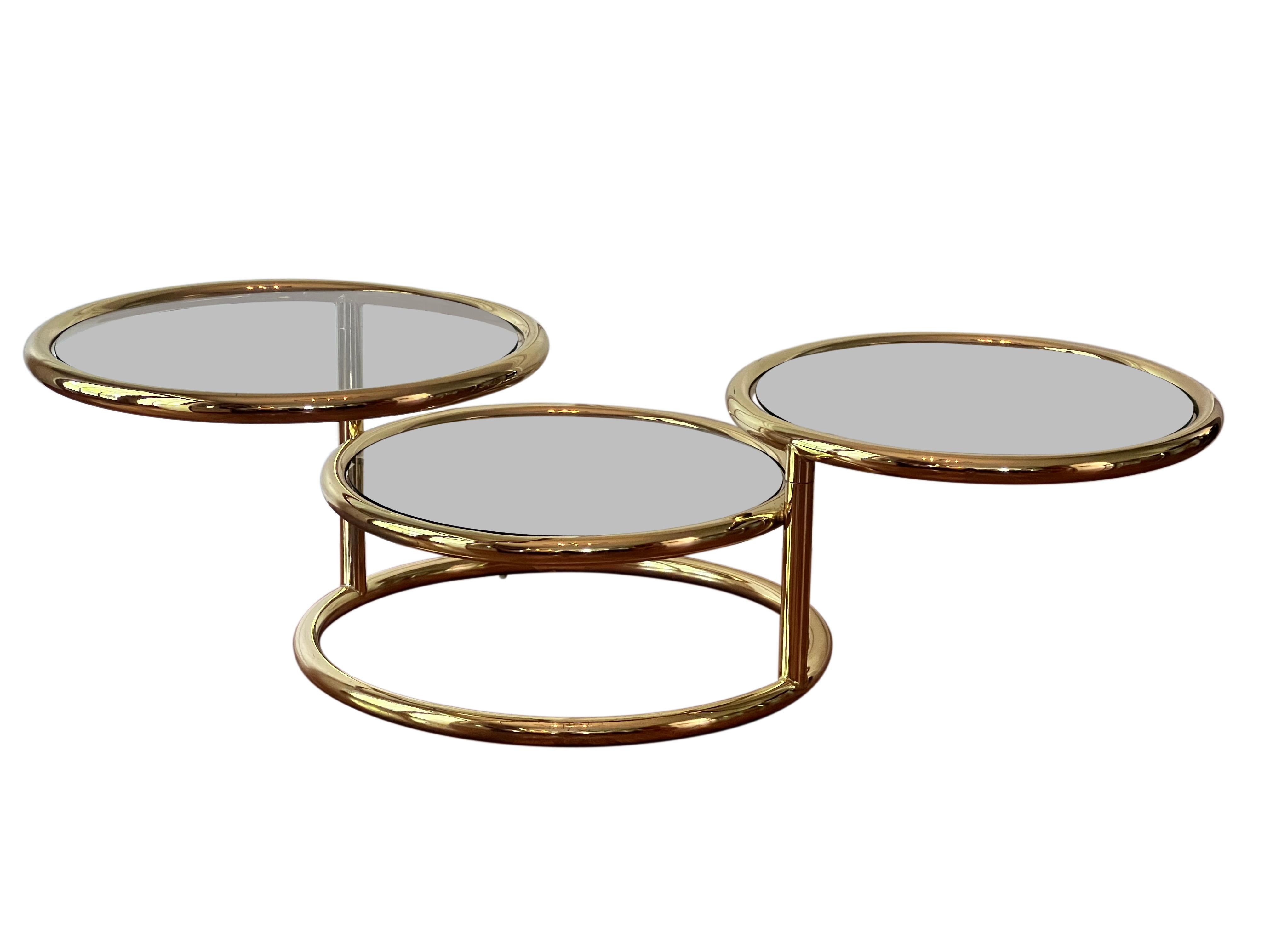 Vintage Milo Baughman Style Three-Tier Brass Swivel Coffee Table In Good Condition In Doylestown, PA