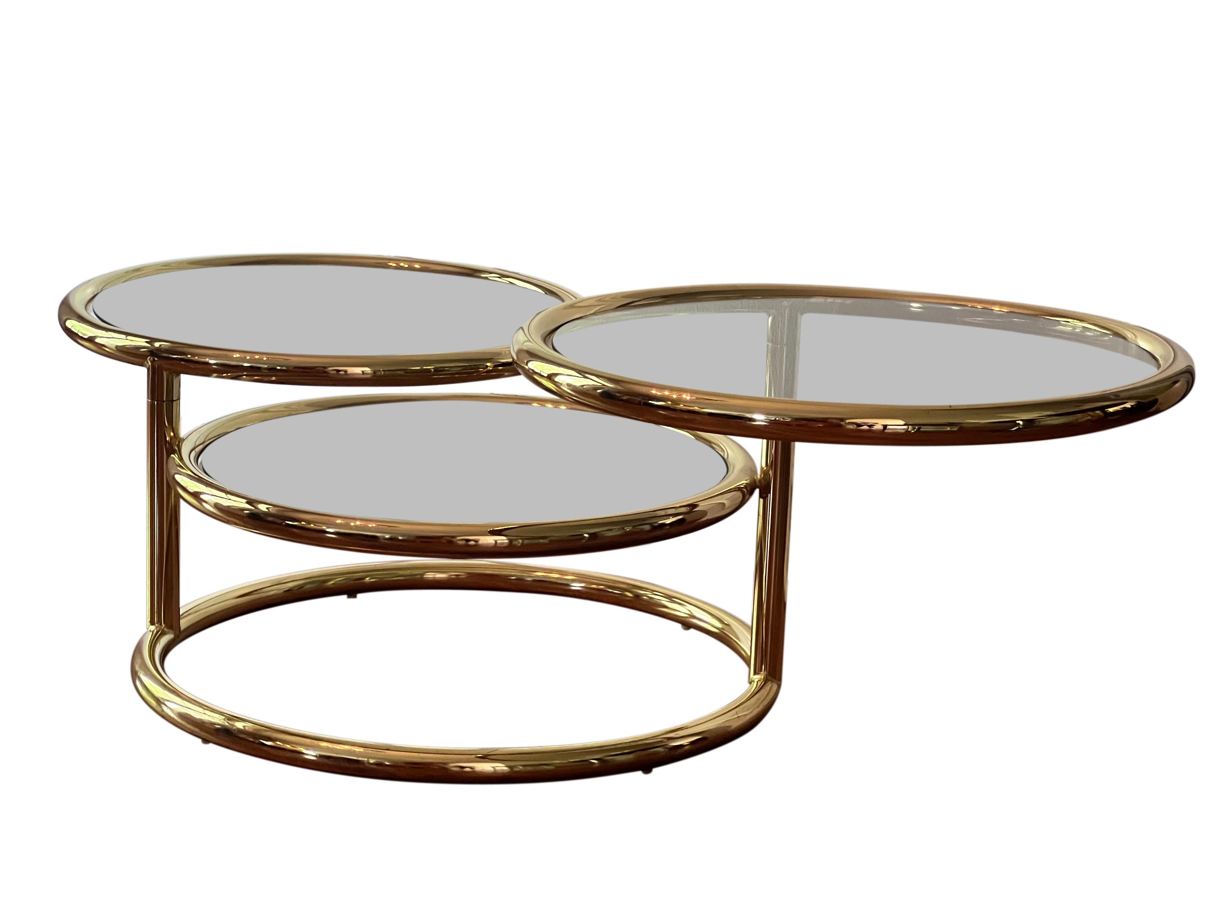 Late 20th Century Vintage Milo Baughman Style Three-Tier Brass Swivel Coffee Table