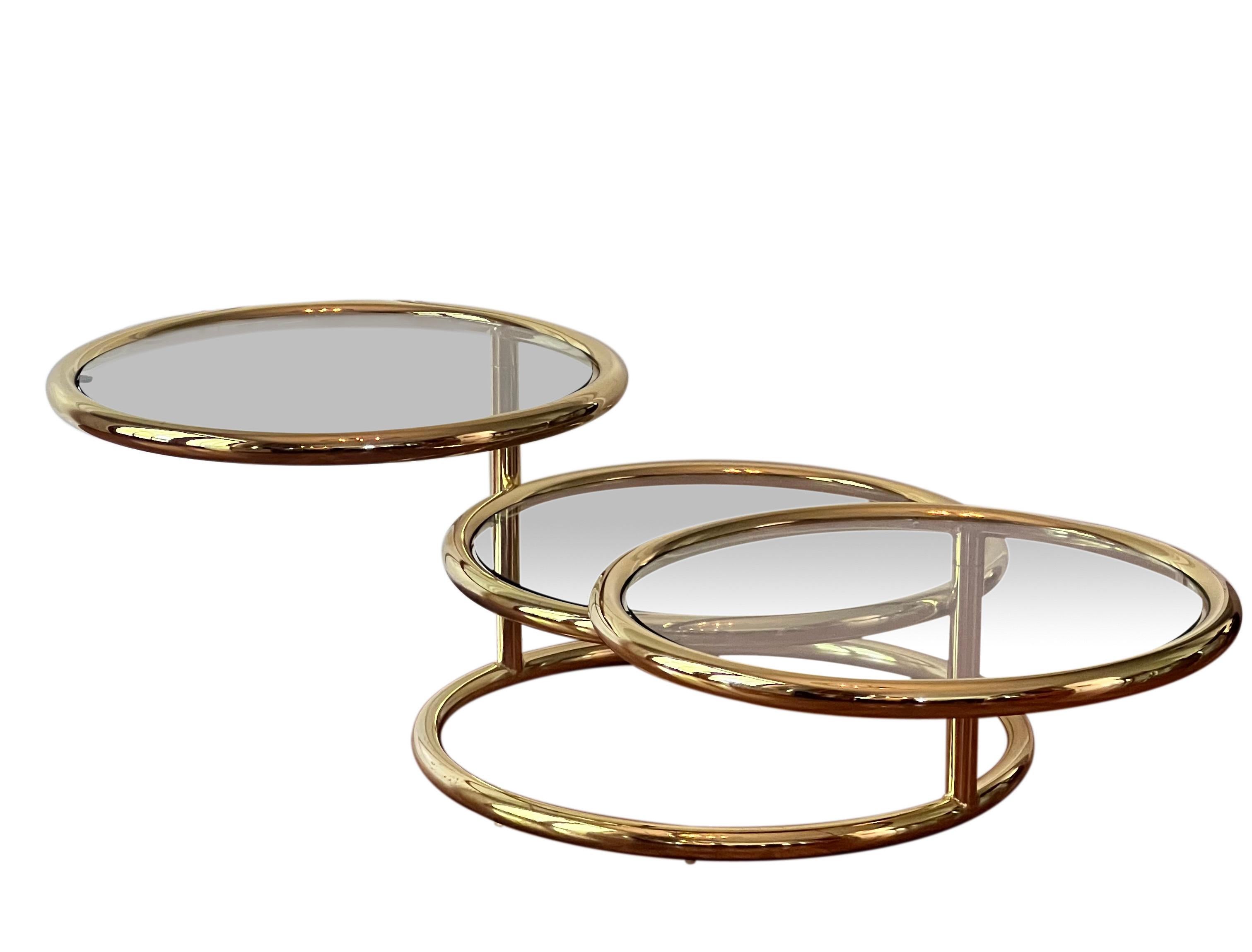 Metal Vintage Milo Baughman Style Three-Tier Brass Swivel Coffee Table