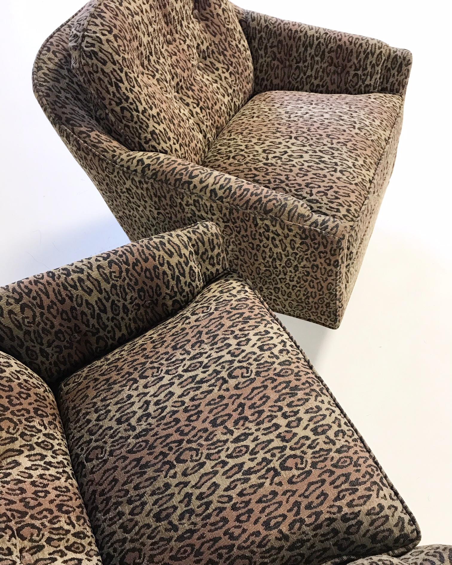Leopard print is always in - it's a neutral in our books! We found this gorgeous Kravet fabric and had to do something with it fast! It is so comfortable and so cool. We chose this vintage pair of Milo Baughman style swivel and tilt chairs. Expertly