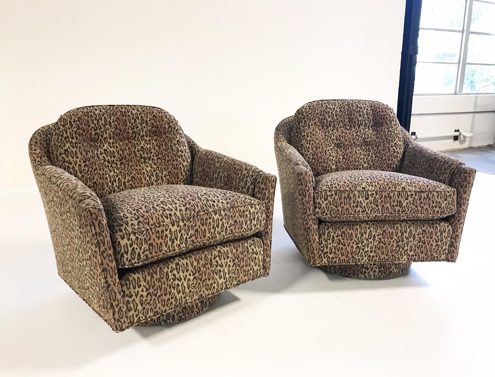 20th Century Swivel Lounge Chairs in the style of Milo Baughman, in Kravet Leopard Print For Sale