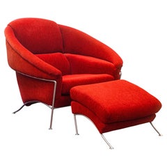 Fauteuil et repose-pieds vintage Milo Baughman Thayer Coggin en tissu rouge Boldido