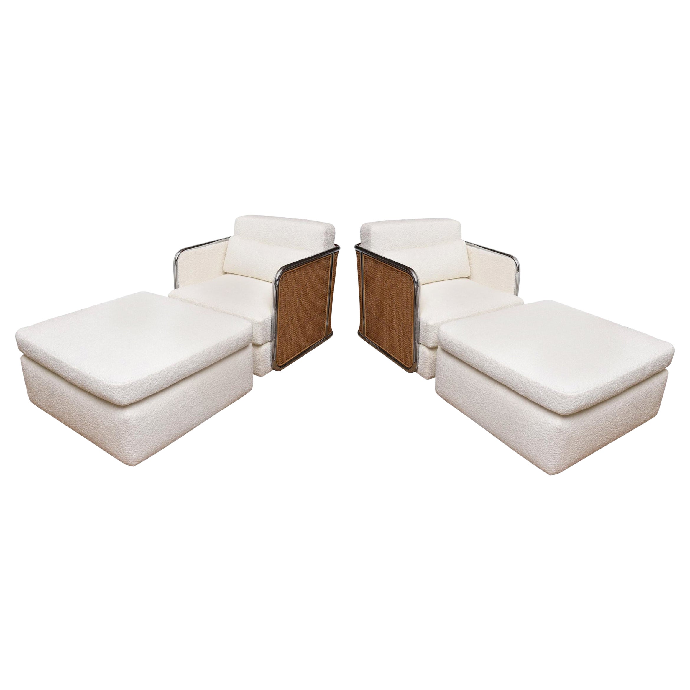 Milo Baughman Thayer Coggin Lounge Chairs, Ottomans, Chrome, Cane, Boucle, 70's For Sale