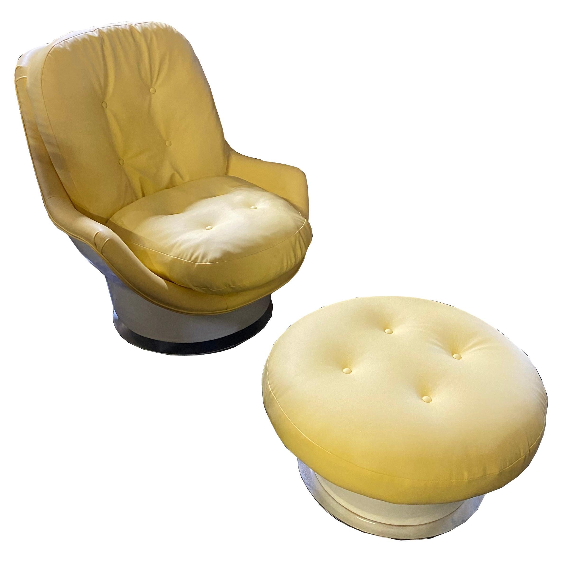 Vintage Milo Baughman Thayer Coggin Lounge Chair and Ottoman

Rare 70s lounge chair and ottoman. Fiberglass back and base with matching ottoman raised on chrome base. 
Rocks and swivels. Recently restored in rich buttercream vegan