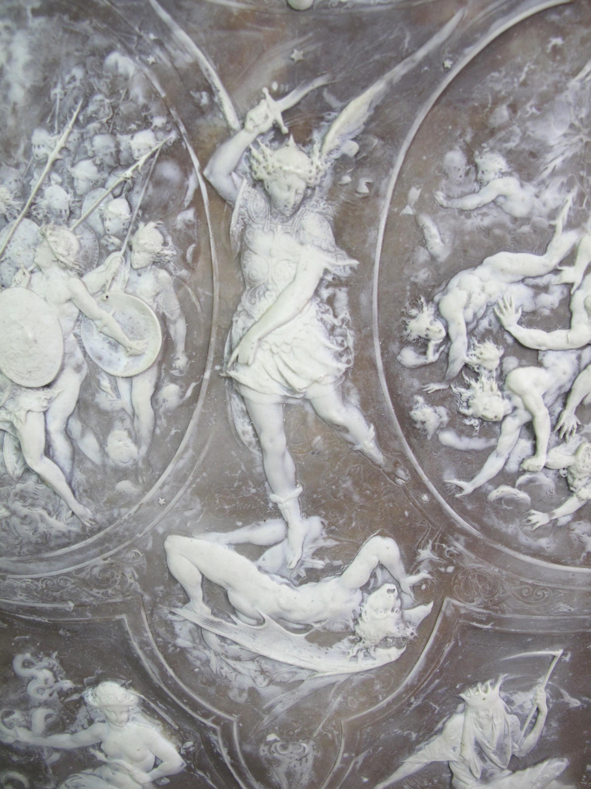 Rococo Vintage Milton Shield in Composition Agate, Scenes of the War in Heaven For Sale