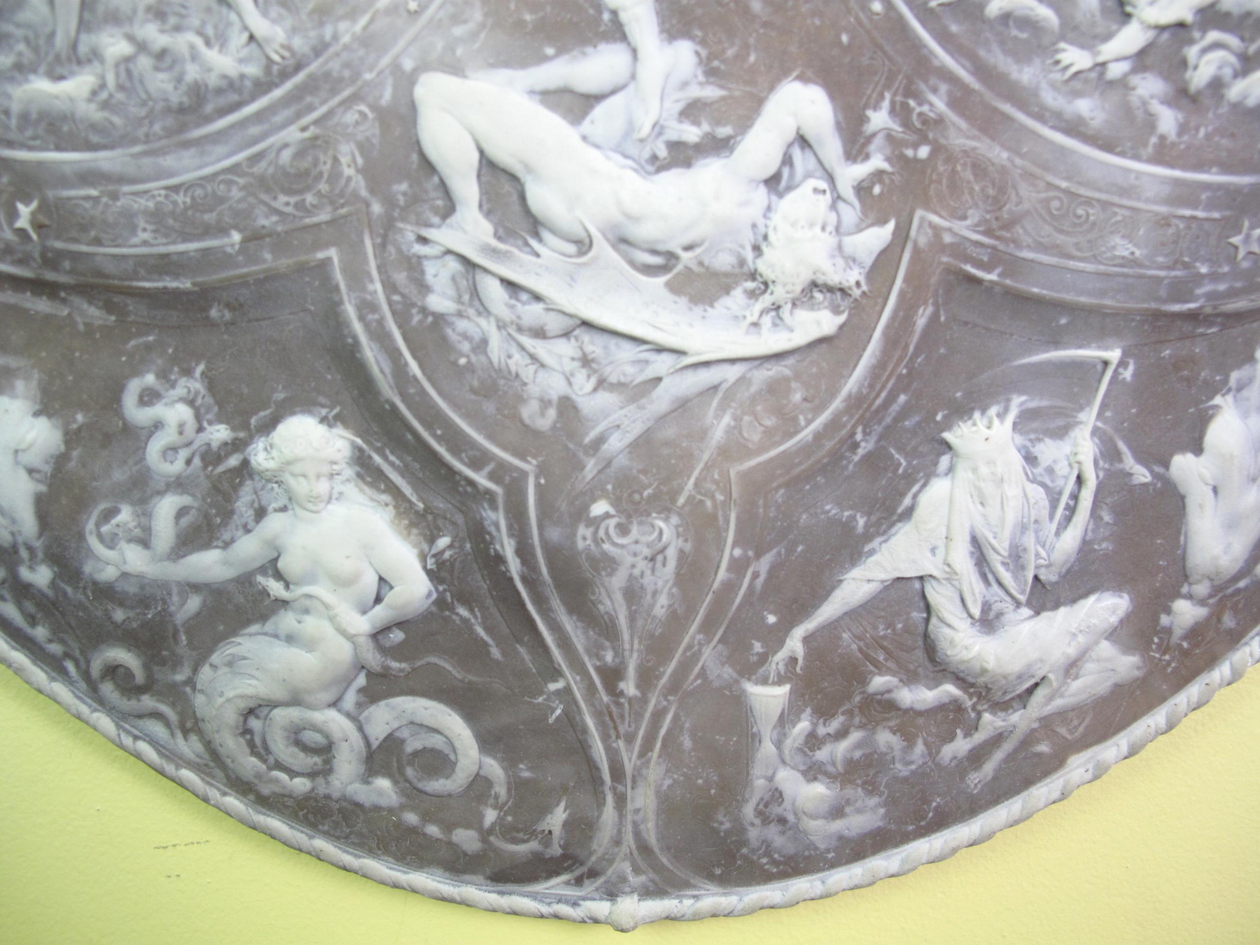 English Vintage Milton Shield in Composition Agate, Scenes of the War in Heaven For Sale